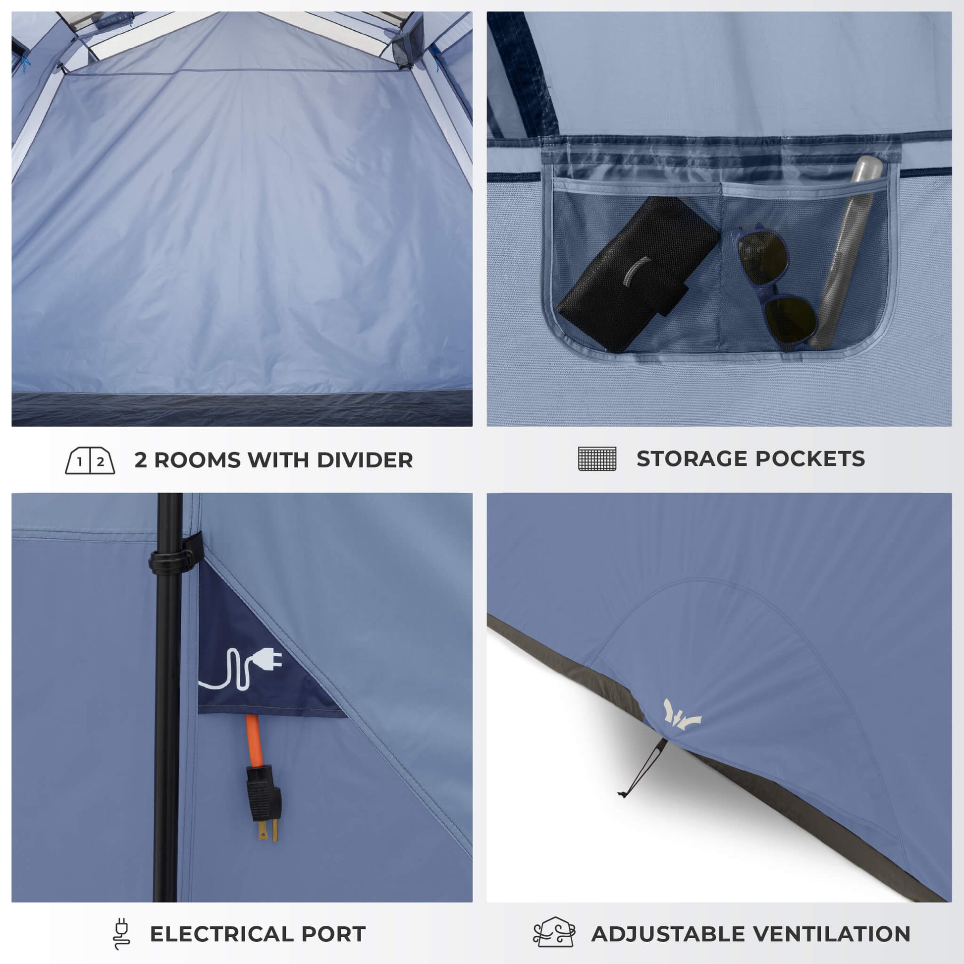 Details of CORE 10 person instant cabin tent with two rooms with divider, gear storage pockets, electrical port, and adjustable ventilation.