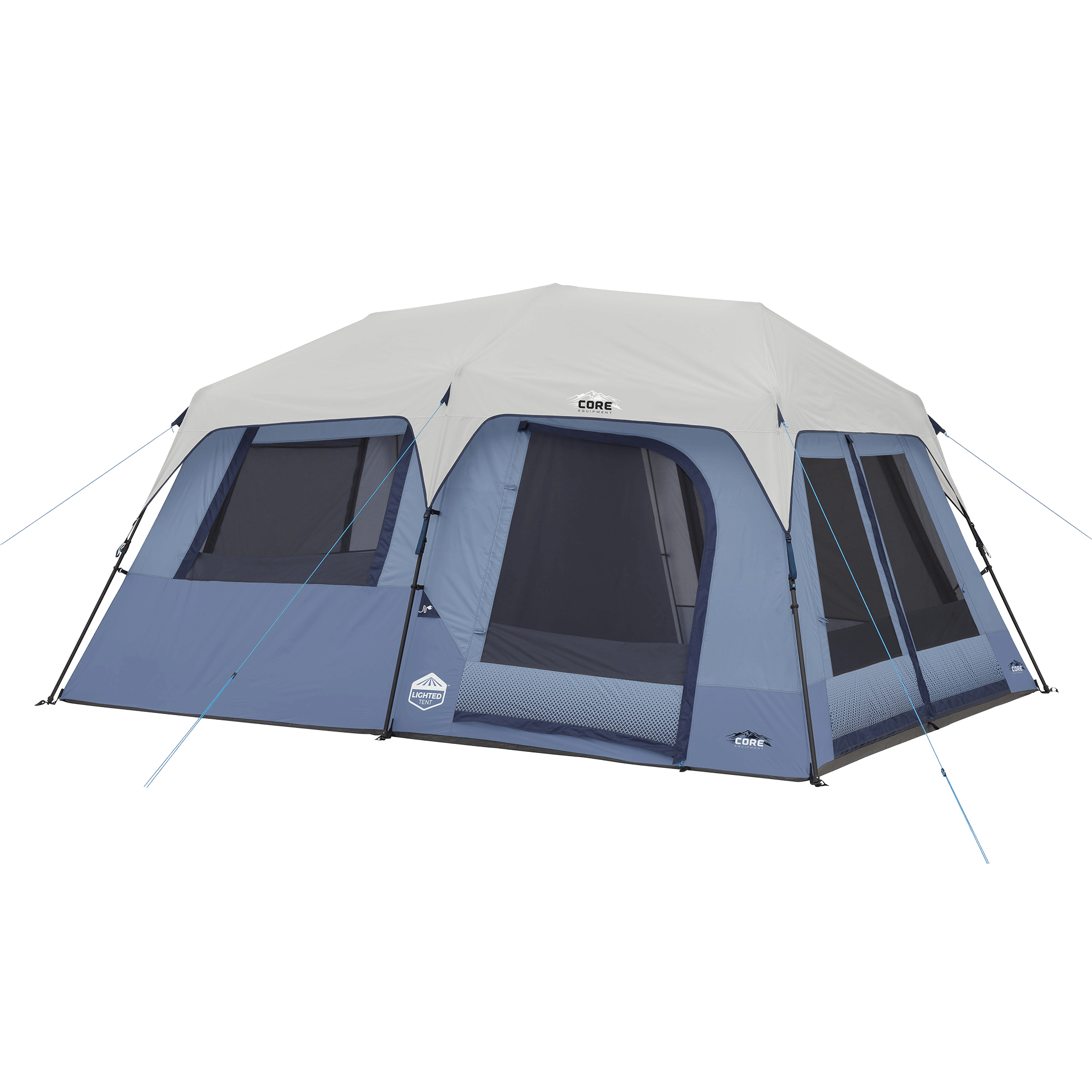 CORE 10 person instant cabin tent with straight walls, two entry doors, and light blue and gray weather-resistant fabric.