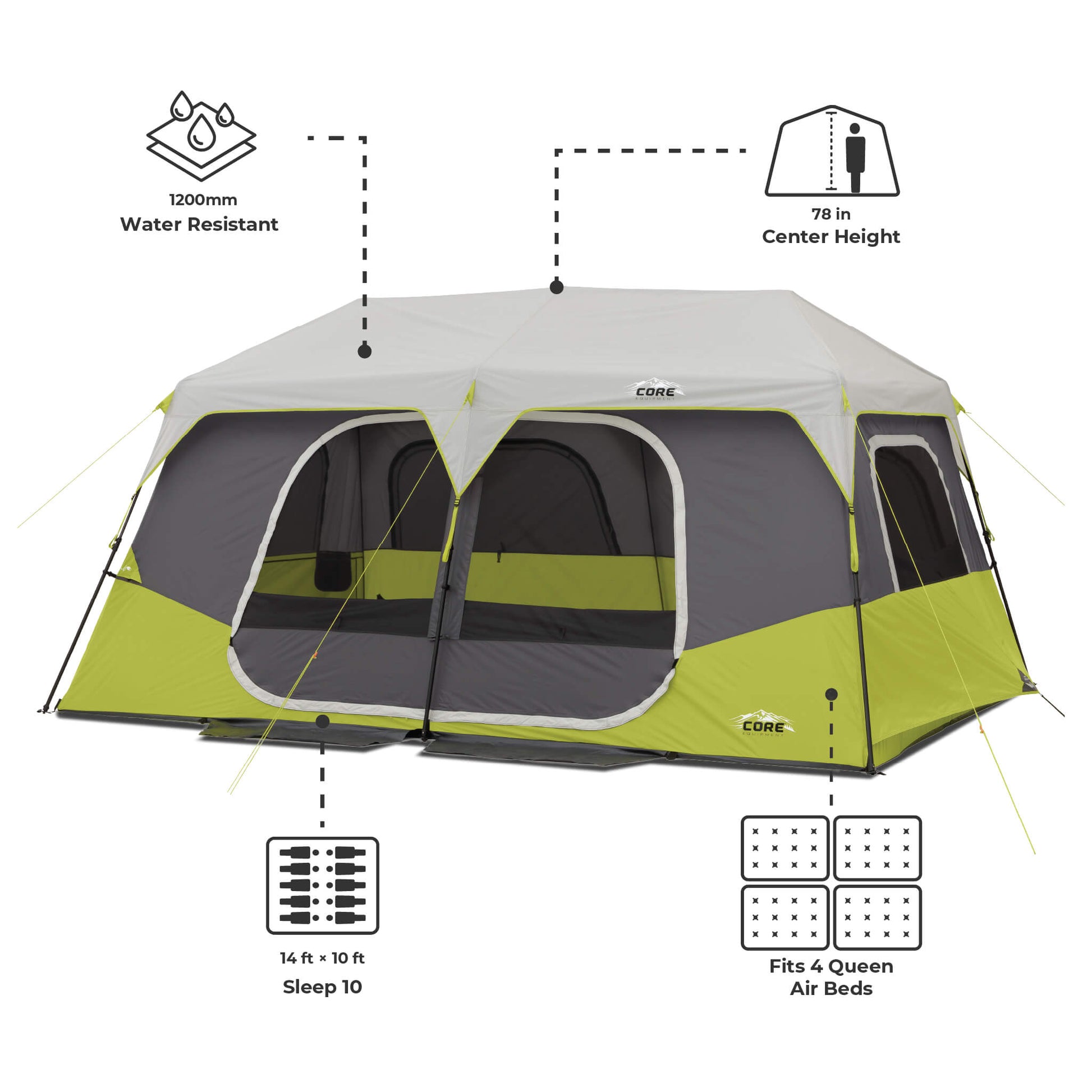 CORE 10 person instant cabin tent dimensions with 14 x 10 ft floor, 78 in center height, and space for 4 queen air beds.