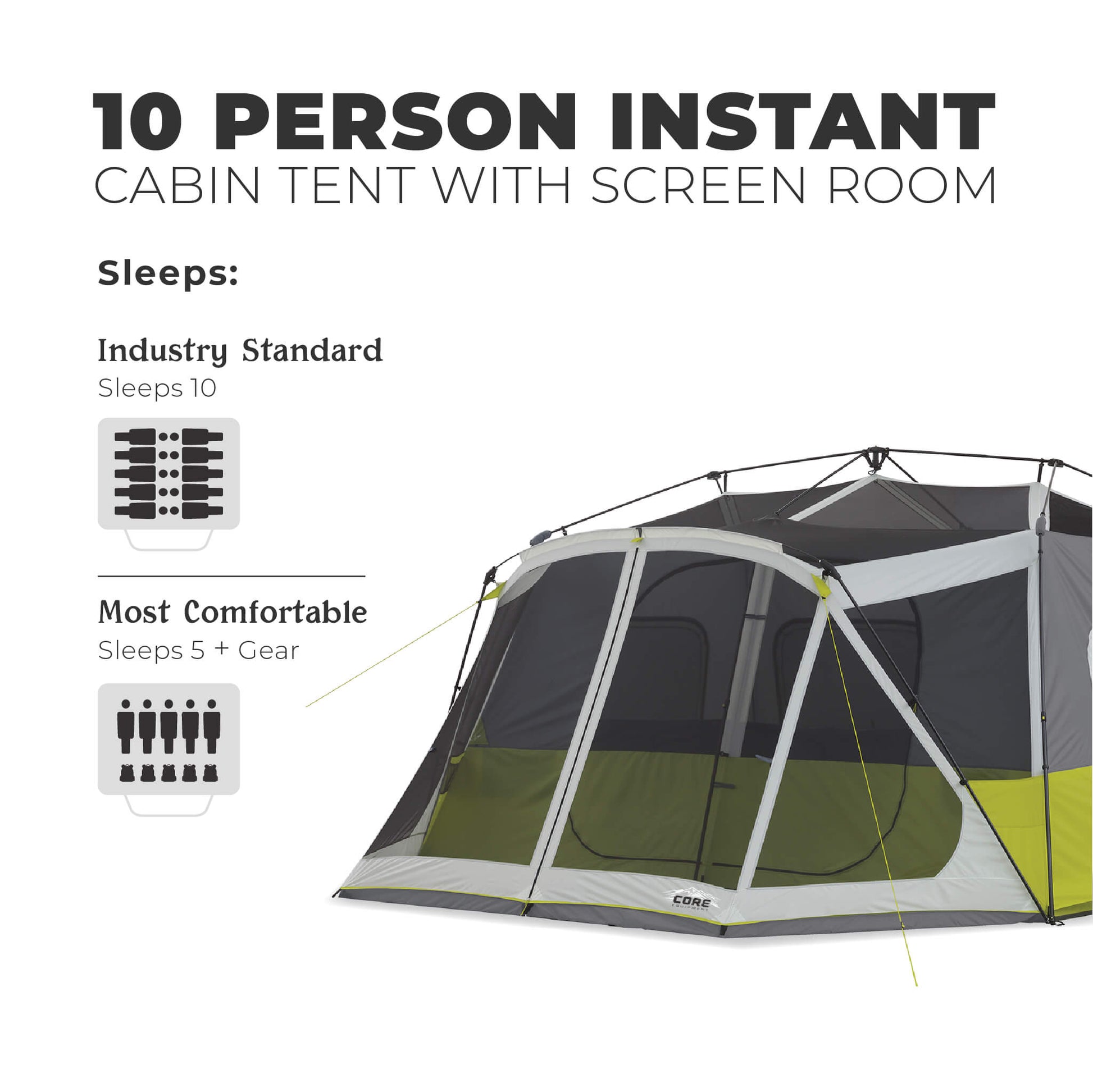 Image shows text: 10 Person Instant Cabin Tent, sleeps 10 industry standard or most comfortable for 5 people plus gear.