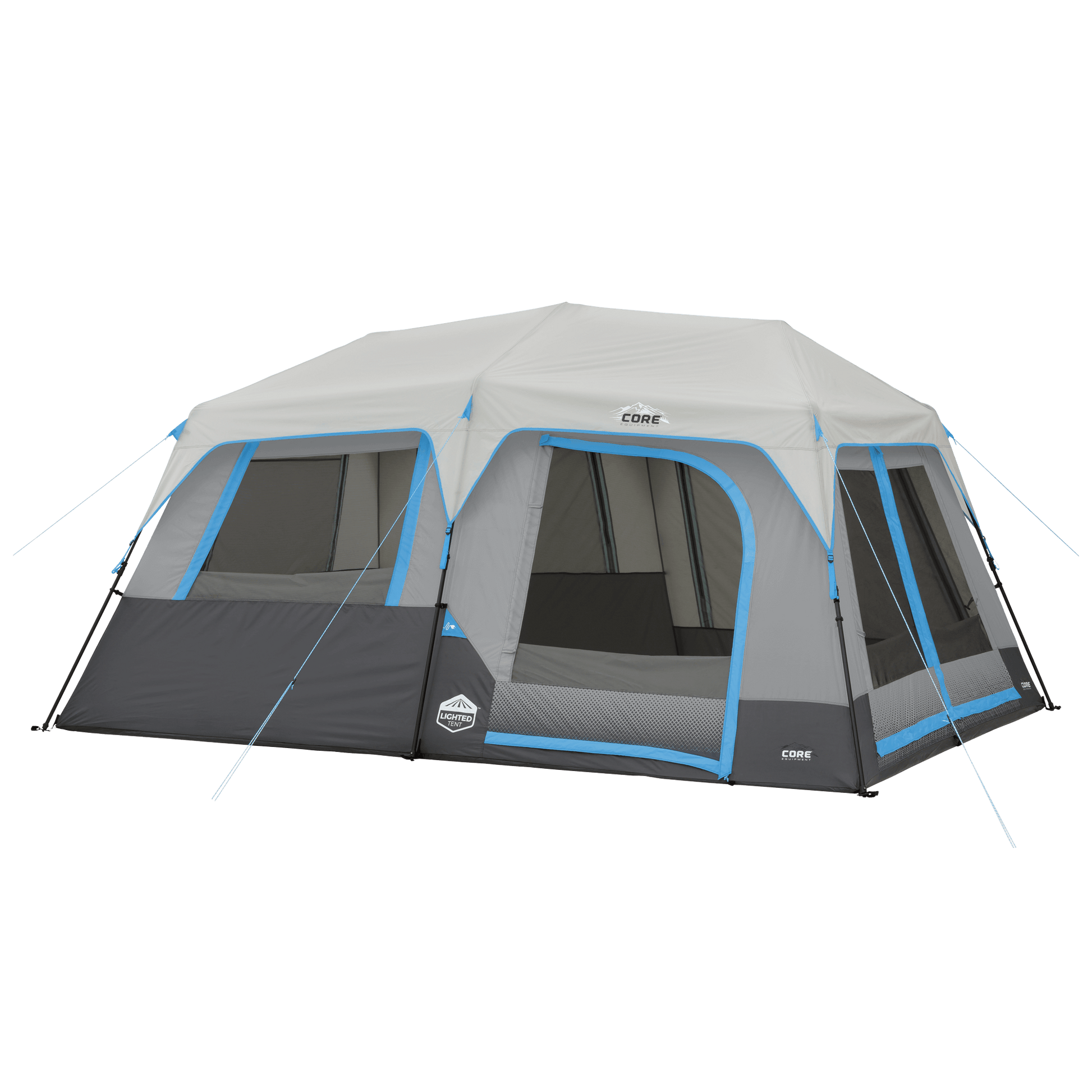 CORE 10 person lighted instant cabin tent in gray and blue with pre-attached poles, mesh windows, and tall peak height.