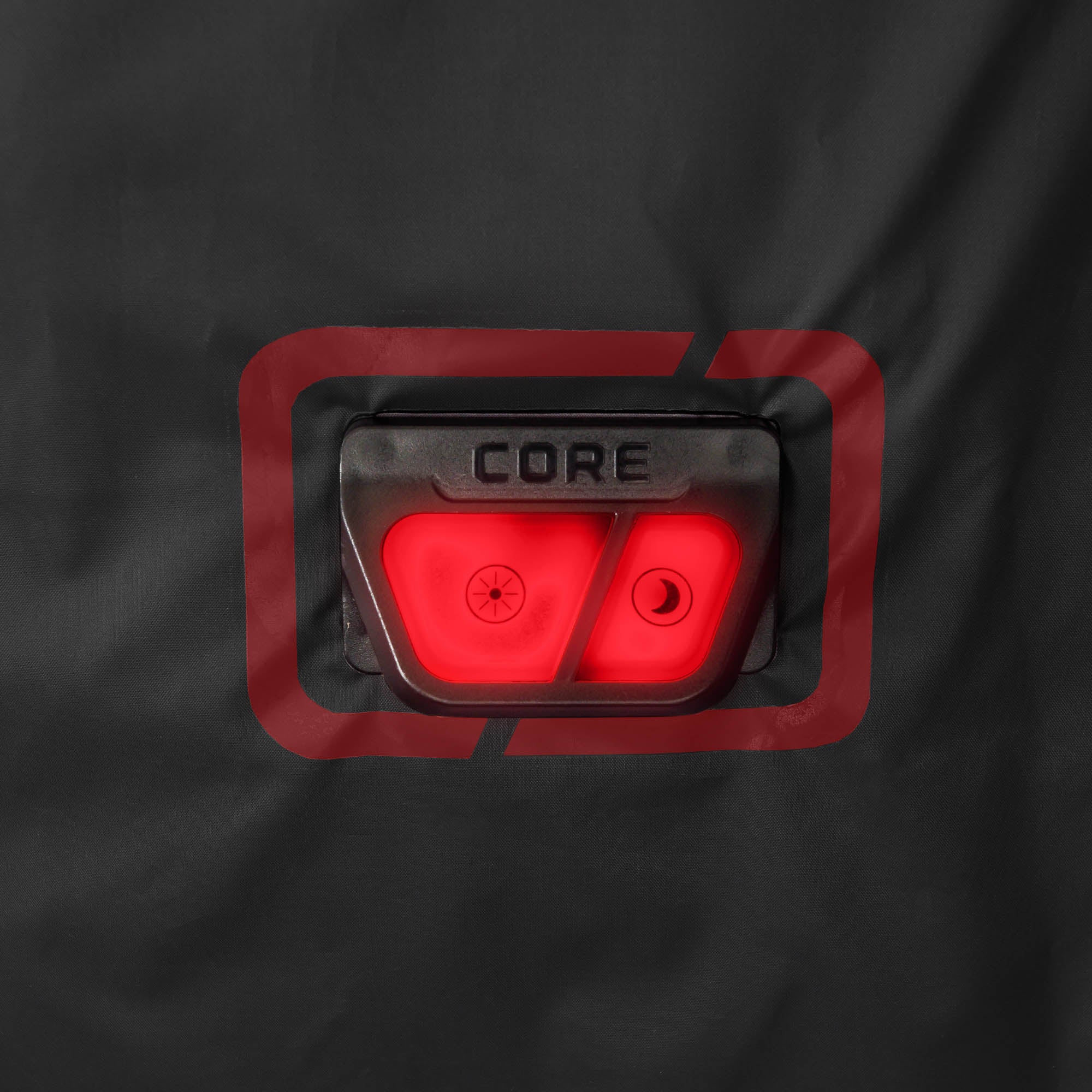 A close-up of the light switch on a CORE lighted tent.