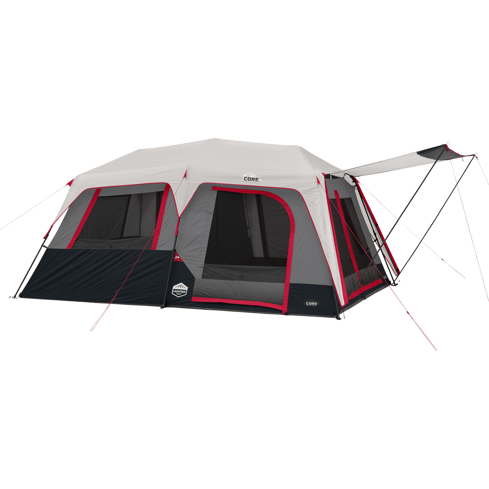 A large pop-up camping tent with a white roof, gray walls, and red trim, shown with an extended side awning on a plain white background. The brand name 'CORE' is visible on the front.
