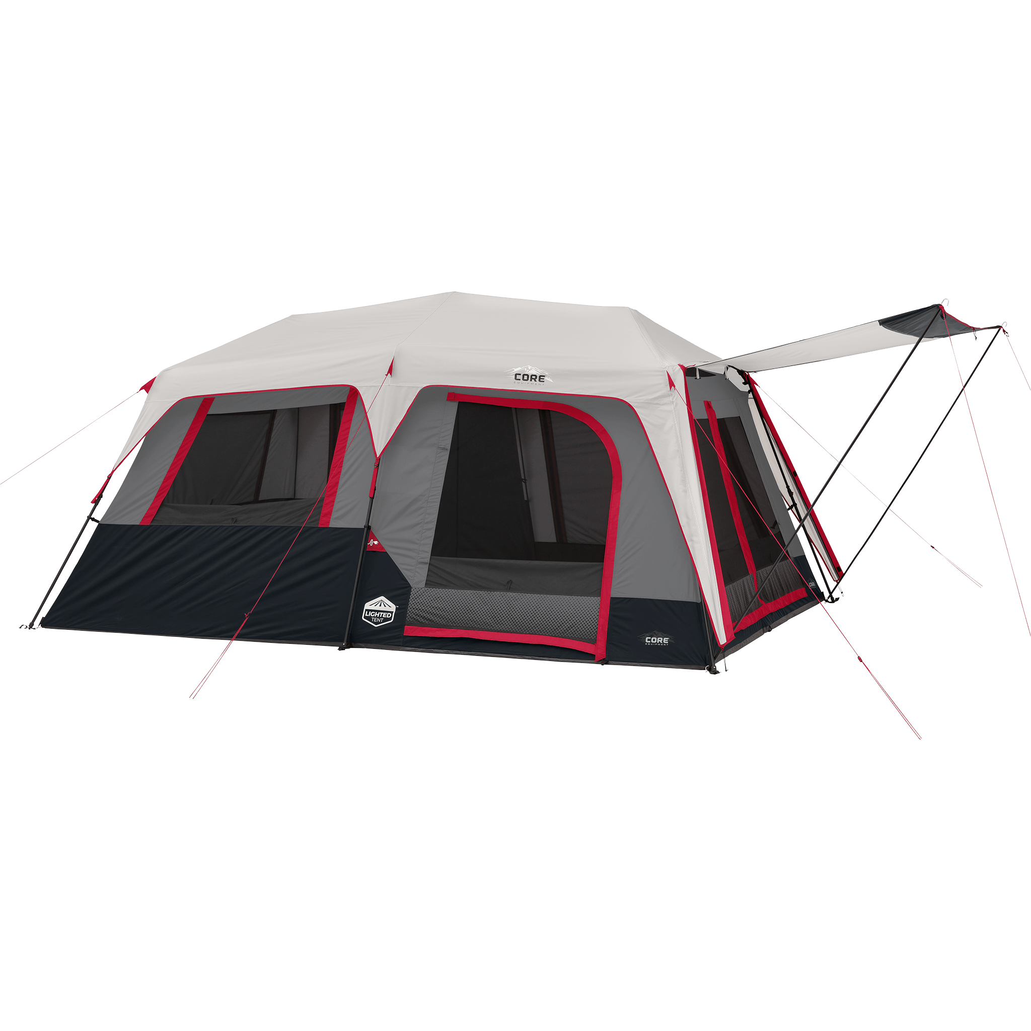 A large pop-up camping tent with a white roof, gray walls, and red trim, shown with an extended side awning on a plain white background. The brand name 'CORE' is visible on the front.