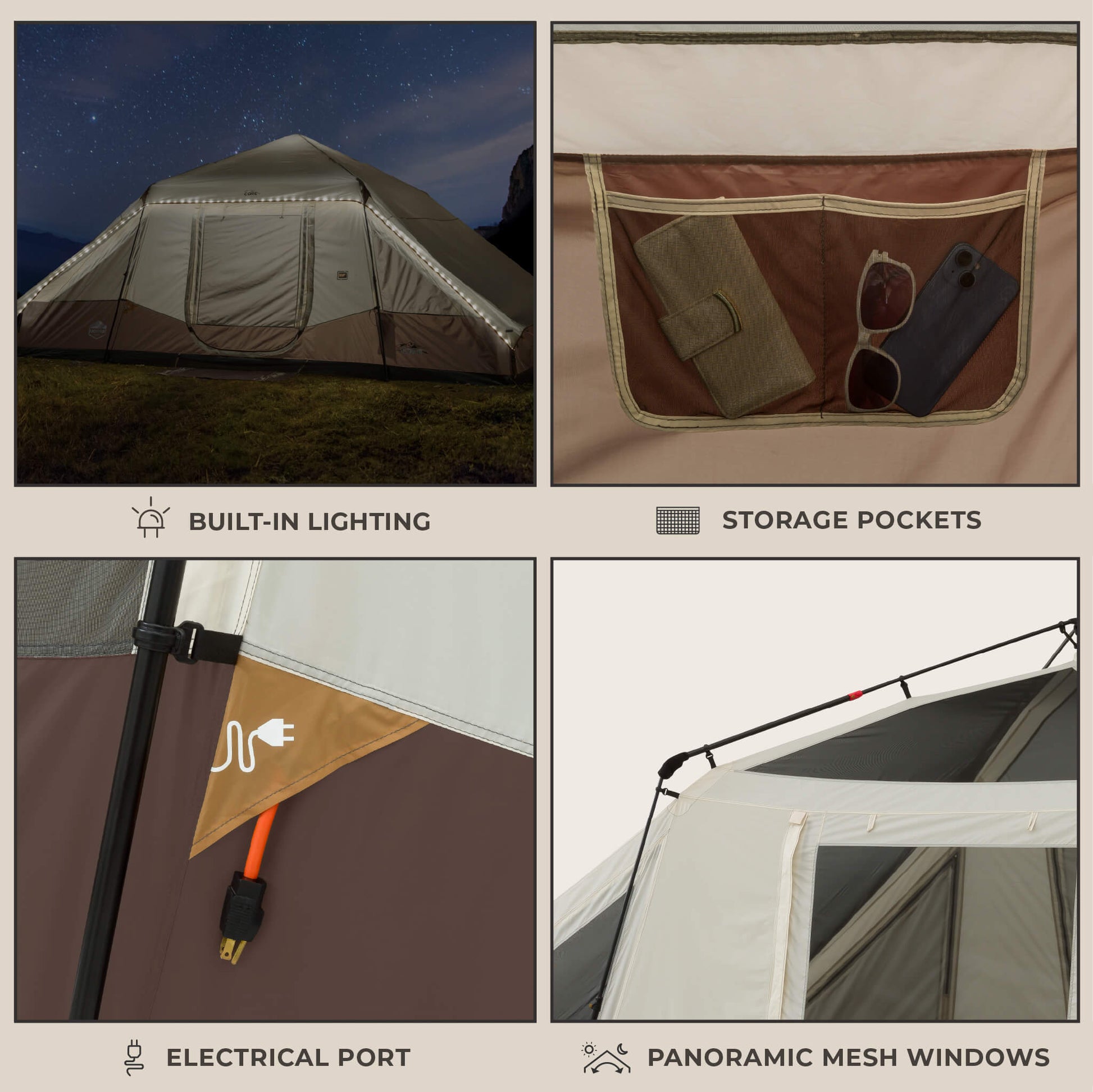 CORE 10 person instant pyramid tent features with built-in lighting, storage, electrical port, and panoramic mesh windows.