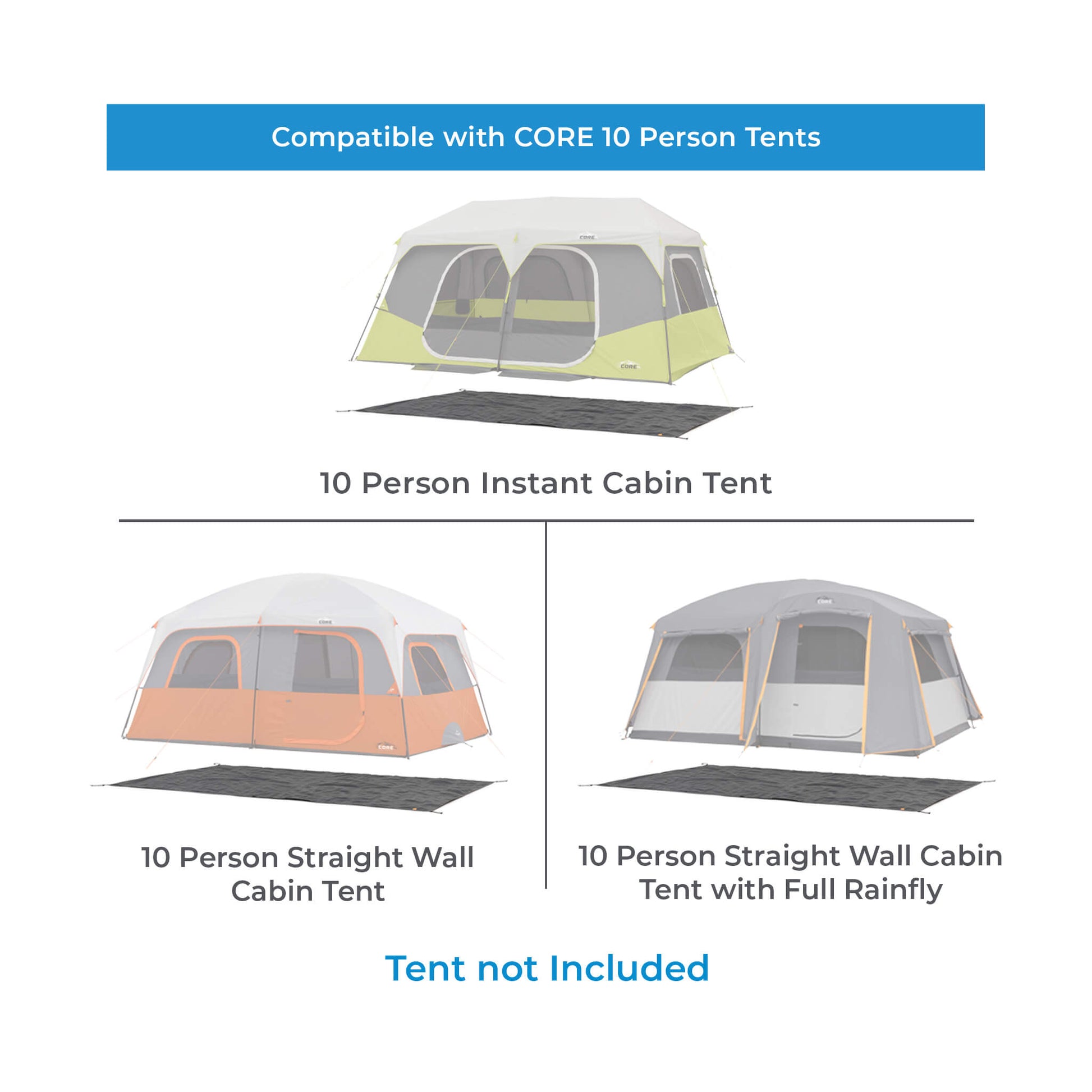 Chart showing CORE 10 person tent footprint compatibility.
