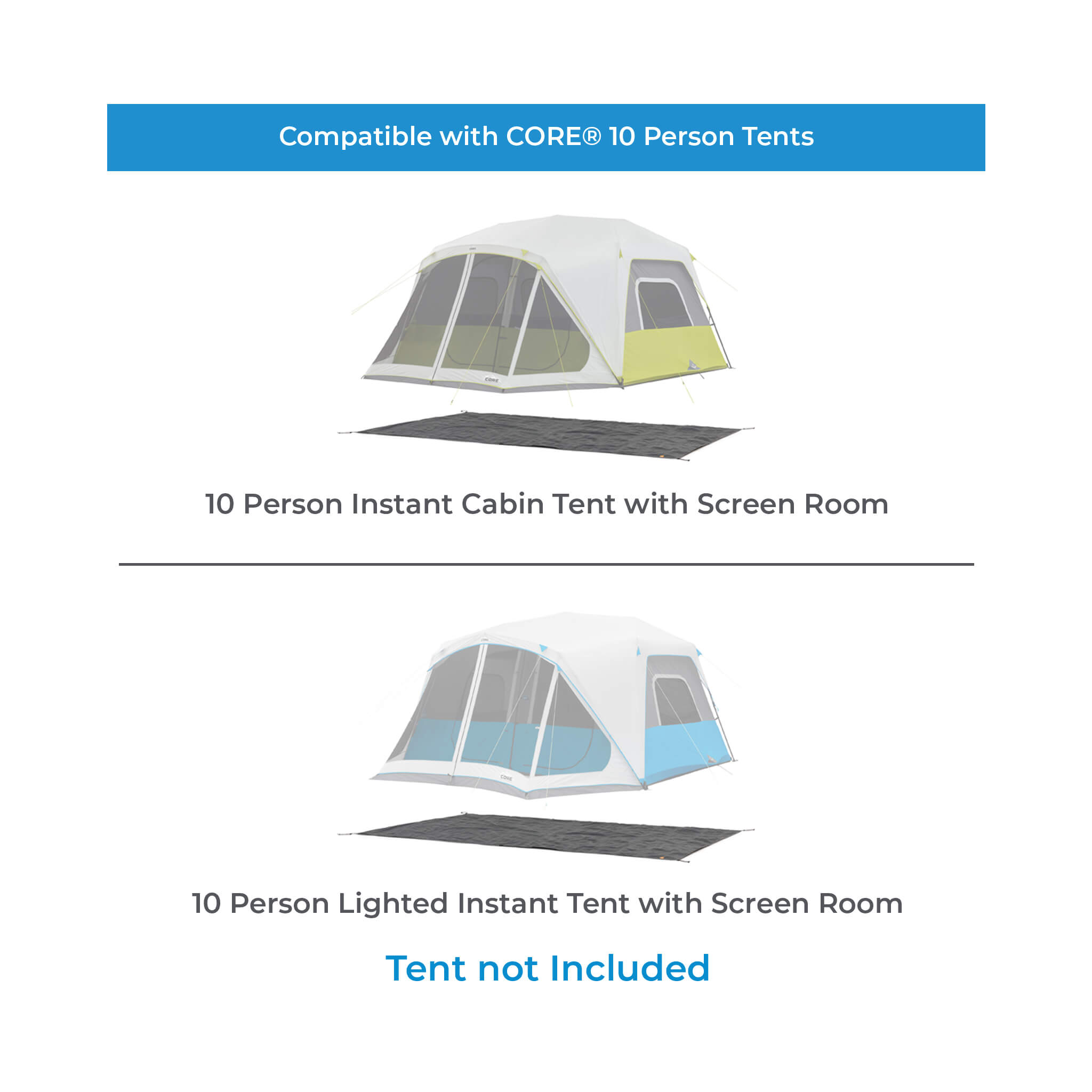 Chart showing CORE 10 person tent footprint compatibility.