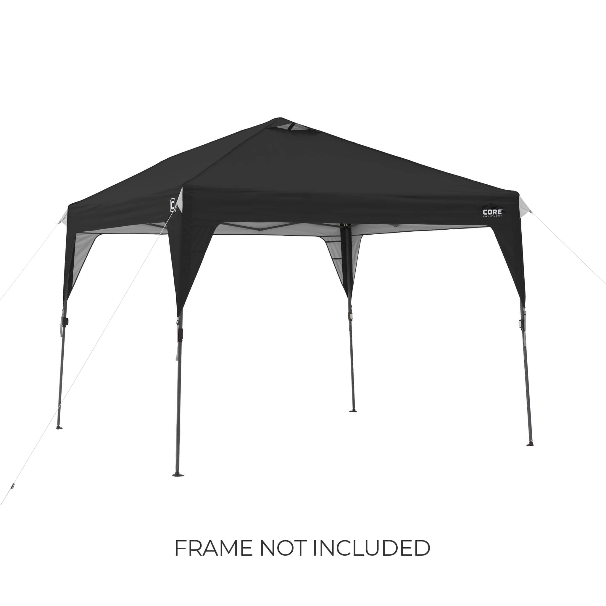 CORE 10x10 Center Push canopy top in black shown on frame, featuring vented roof and durable fabric, with text noting frame not included.