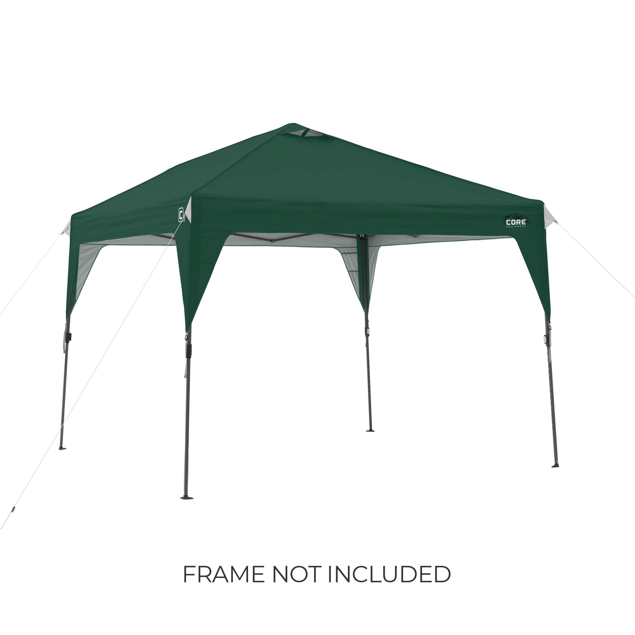 CORE 10x10 Center Push canopy top in forest green shown on frame, featuring vented roof and durable fabric, with text noting frame not included.
