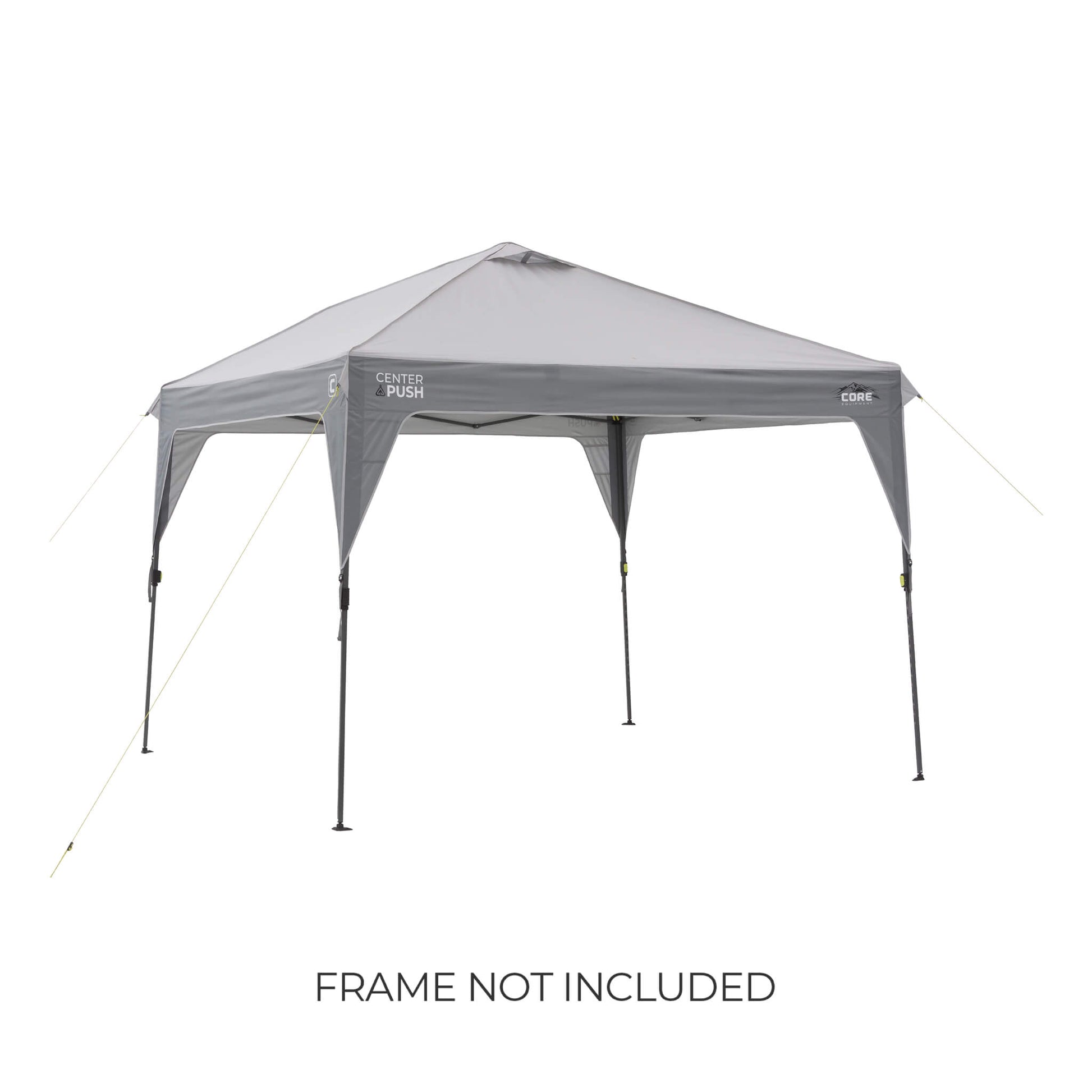 CORE 10x10 Center Push canopy top in gray shown on frame, featuring vented roof and durable fabric, with text noting frame not included.