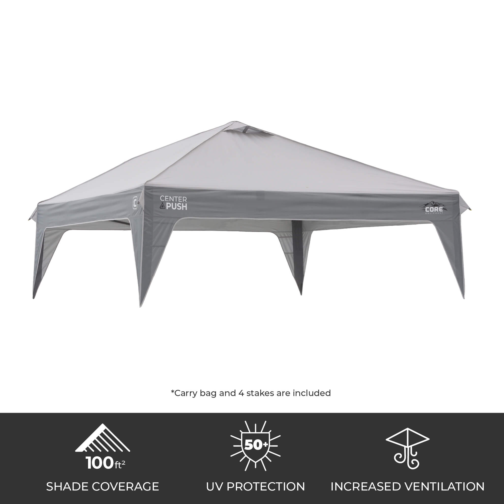 CORE 10x10 Center Push canopy top in gray, featuring 100 sq ft of shade, UPF 50+ sun protection, and a vented roof for airflow.