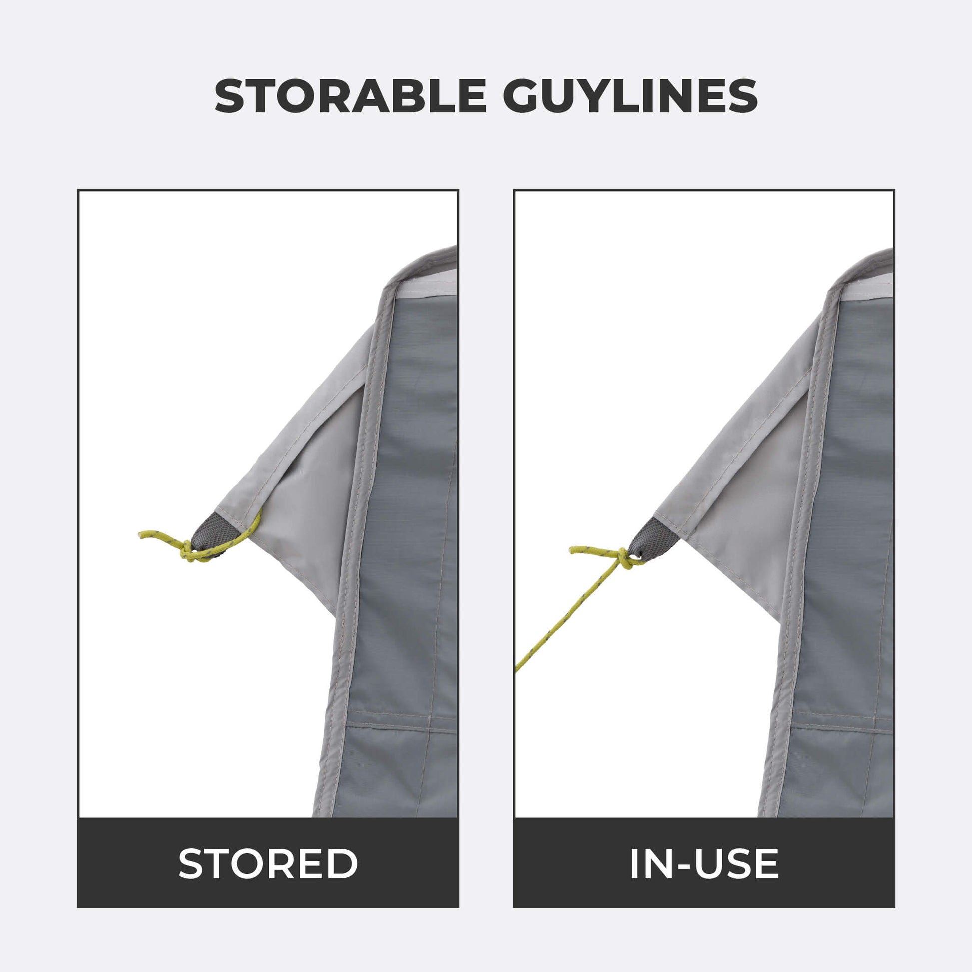 Close-up view of storable guylines on the CORE 10x10 Center Push canopy top in gray.