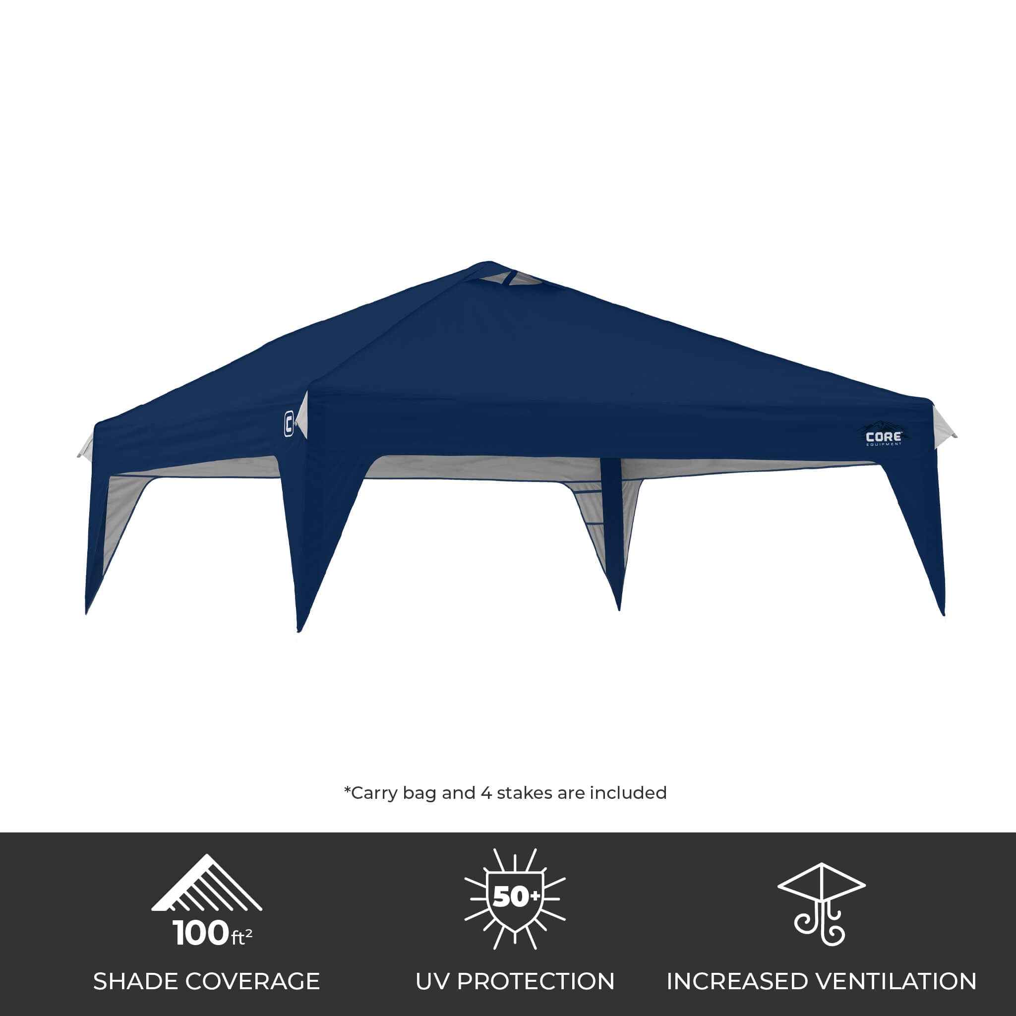 CORE 10x10 Center Push canopy top in navy, featuring 100 sq ft of shade, UPF 50+ sun protection, and a vented roof for airflow.