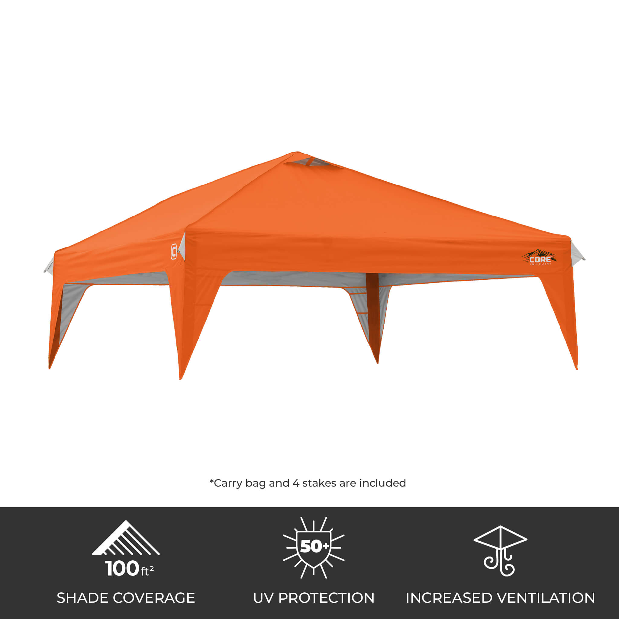 CORE 10x10 Center Push canopy top in orange, featuring 100 sq ft of shade, UPF 50+ sun protection, and a vented roof for airflow.