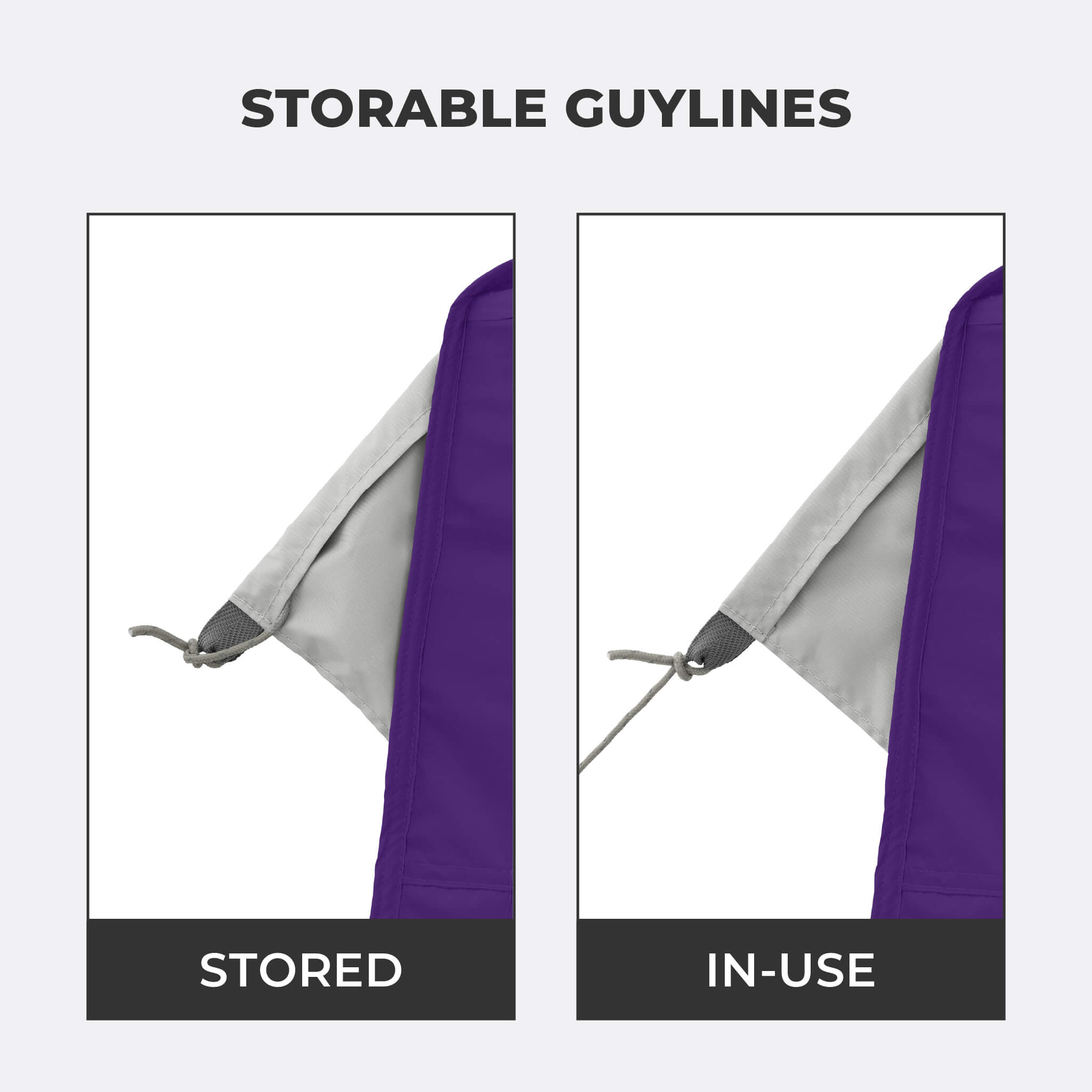 Close-up view of storable guylines on the CORE 10x10 Center Push canopy top in purple.