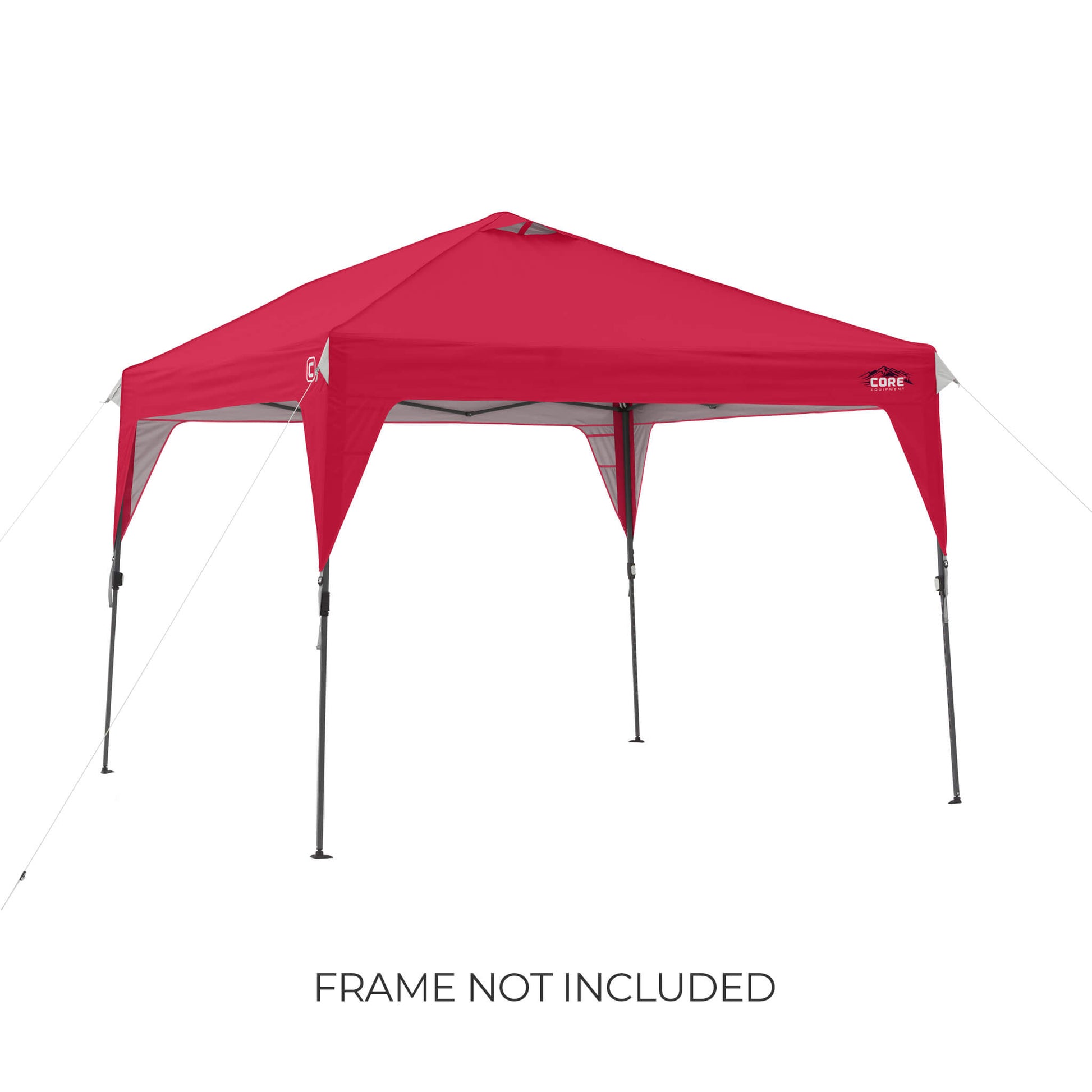 CORE 10x10 Center Push canopy top in red shown on frame, featuring vented roof and durable fabric, with text noting frame not included.