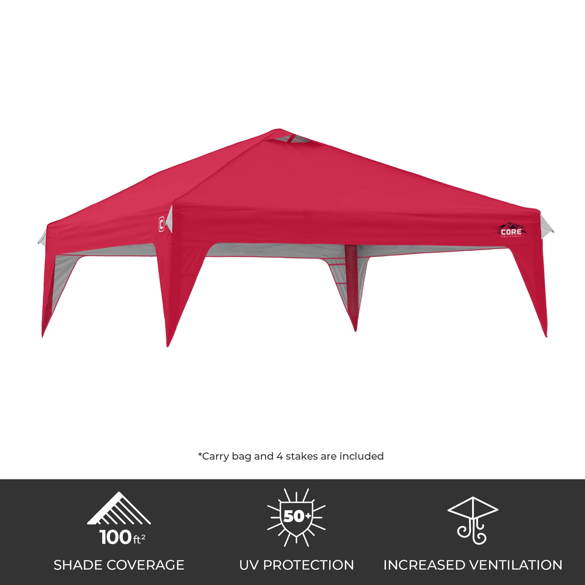 CORE 10x10 Center Push canopy top in red, featuring 100 sq ft of shade, UPF 50+ sun protection, and a vented roof for airflow.