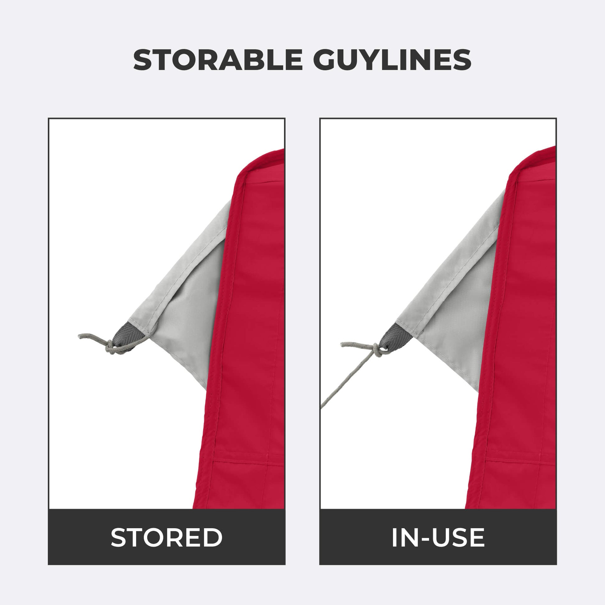 Close-up view of storable guylines on the CORE 10x10 Center Push canopy top in red.