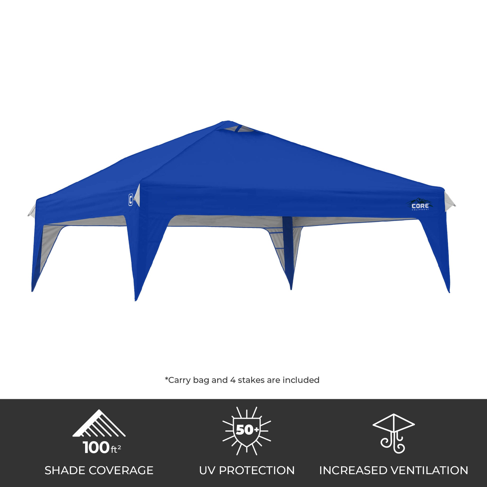 CORE 10x10 Center Push canopy top in royal blue, featuring 100 sq ft of shade, UPF 50+ sun protection, and a vented roof for airflow.