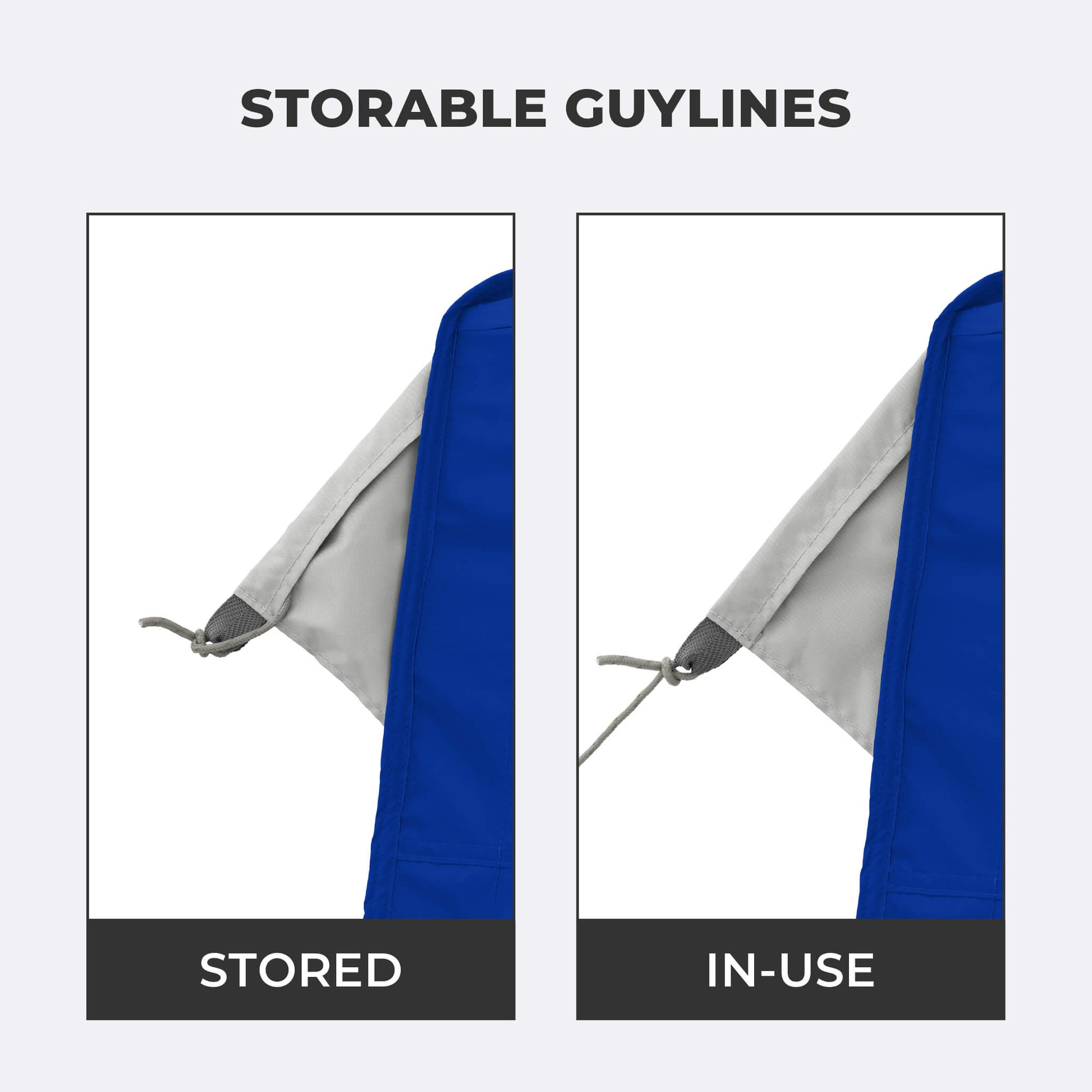 Close-up view of storable guylines on the CORE 10x10 Center Push canopy top in royal blue.