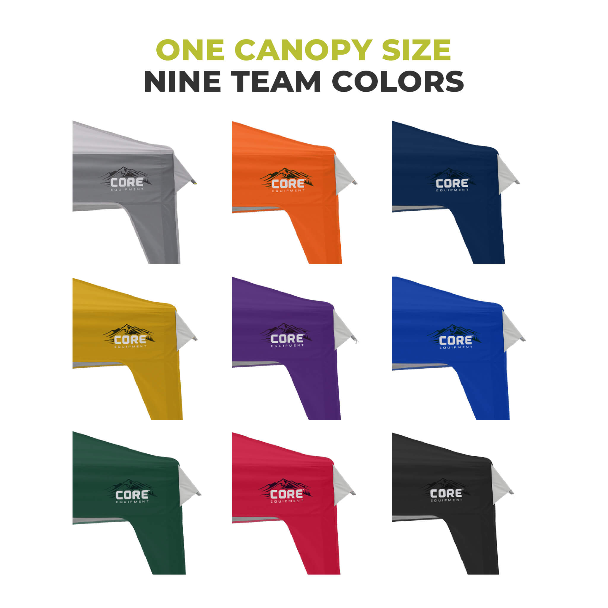 CORE 10x10 Center Push canopy tops available in nine team colors, including black, royal blue, gray, forest green, red, orange, navy, purple, and yellow gold.
