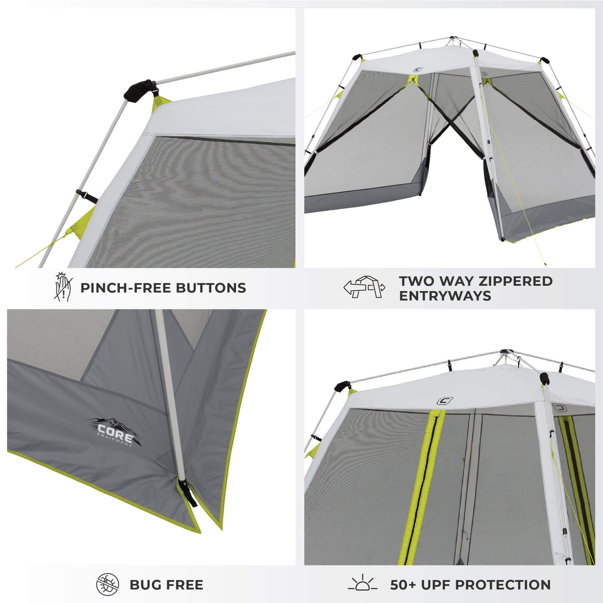 CORE 10x10 instant screen house features two-way zippered entry, pinch-free buttons, UPF 50+ protection, and bug-free mesh and bottom skirt.