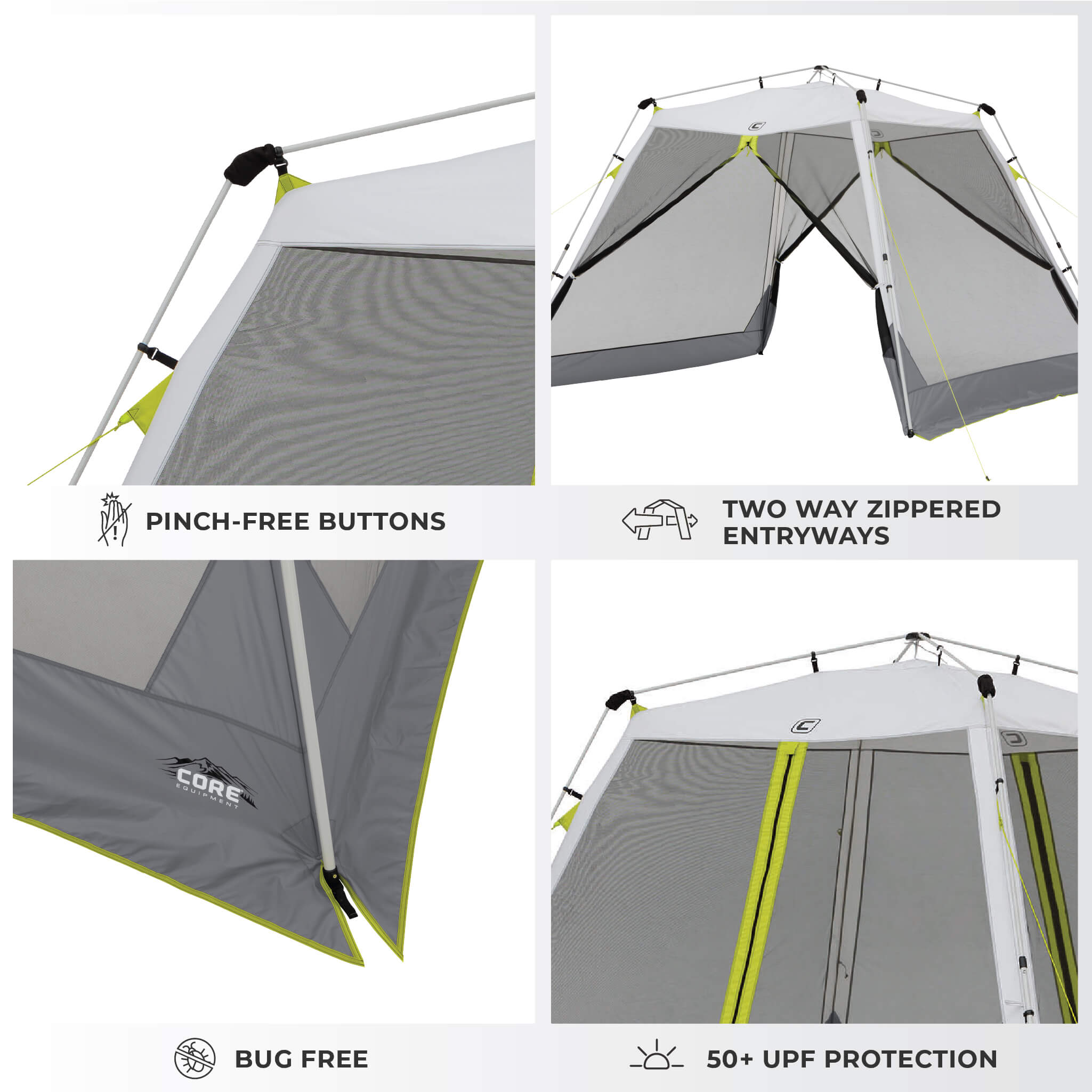 CORE 10x10 instant screen house features two-way zippered entry, pinch-free buttons, UPF 50+ protection, and bug-free mesh and bottom skirt.