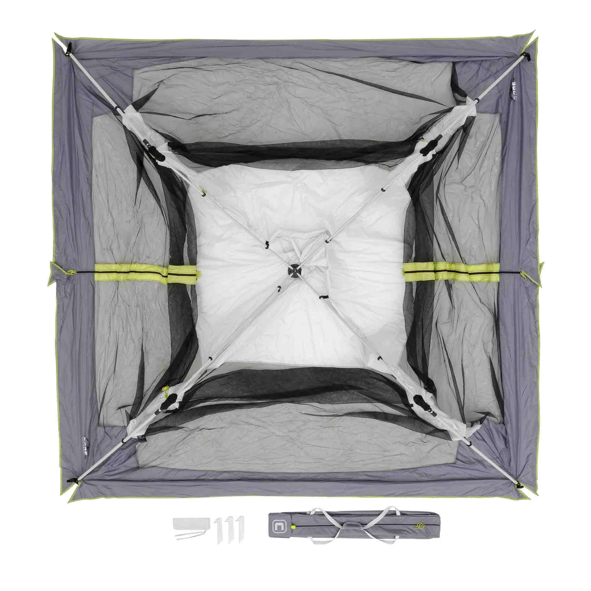 Overhead view of CORE 10x10 instant screen house in gray laying flat showing stake and carry bag.