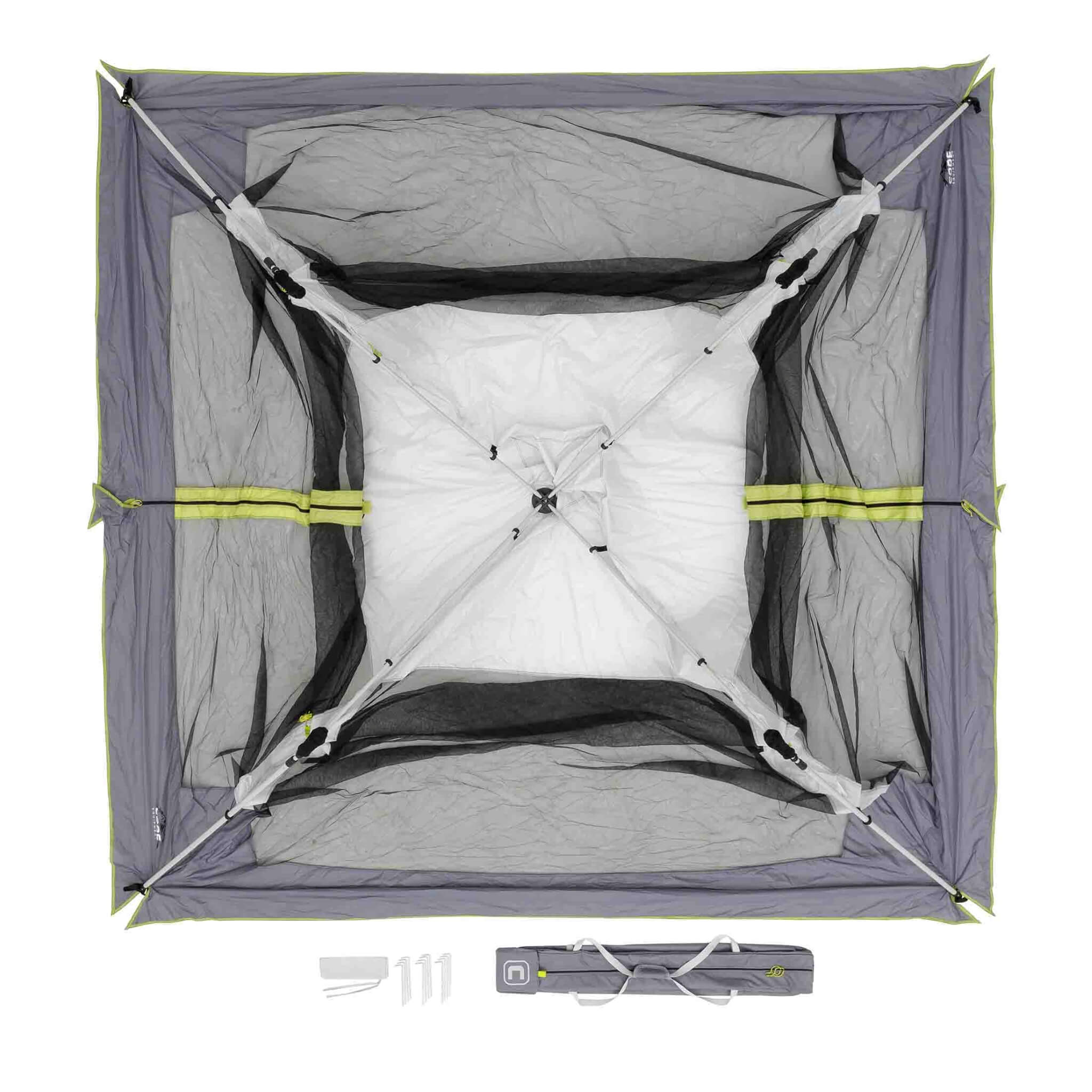 Overhead view of CORE 10x10 instant screen house in gray laying flat showing stake and carry bag.