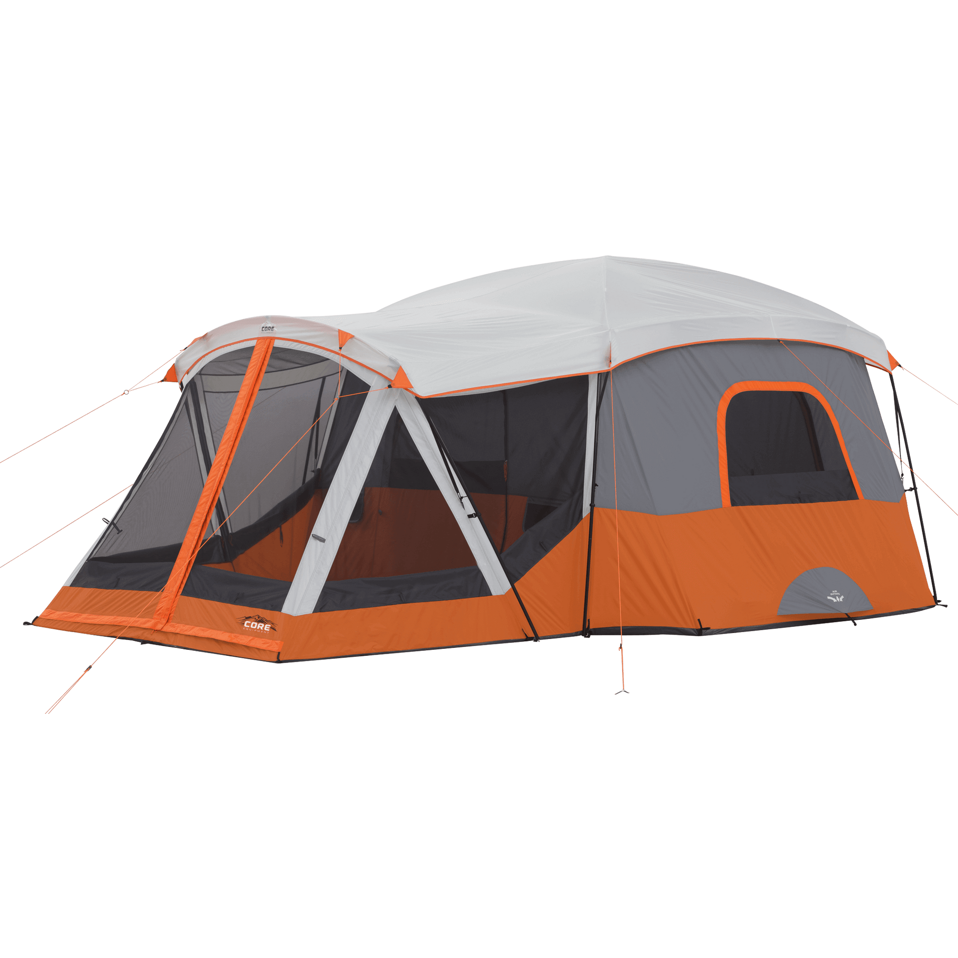 CORE 11 person straight wall cabin tent with screen room in orange and gray shown fully set up with large windows and tall standing-height design.