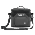 CORE Climakeep 12 can cooler front view in charcoal with a waterproof design and a shoulder strap.