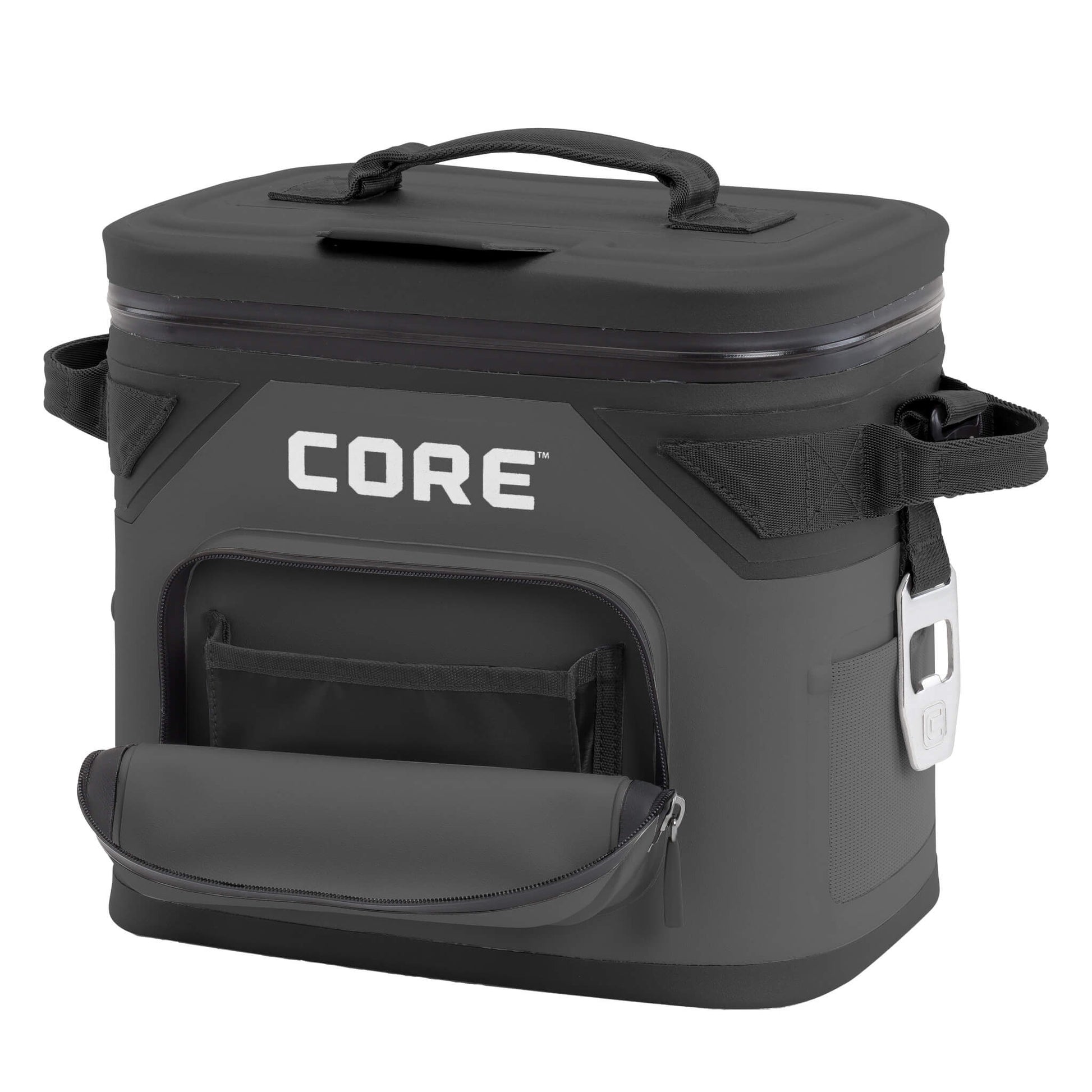 CORE Climakeep 12 can cooler in charcoal with front pocket open, side bottle opener, and waterproof design.