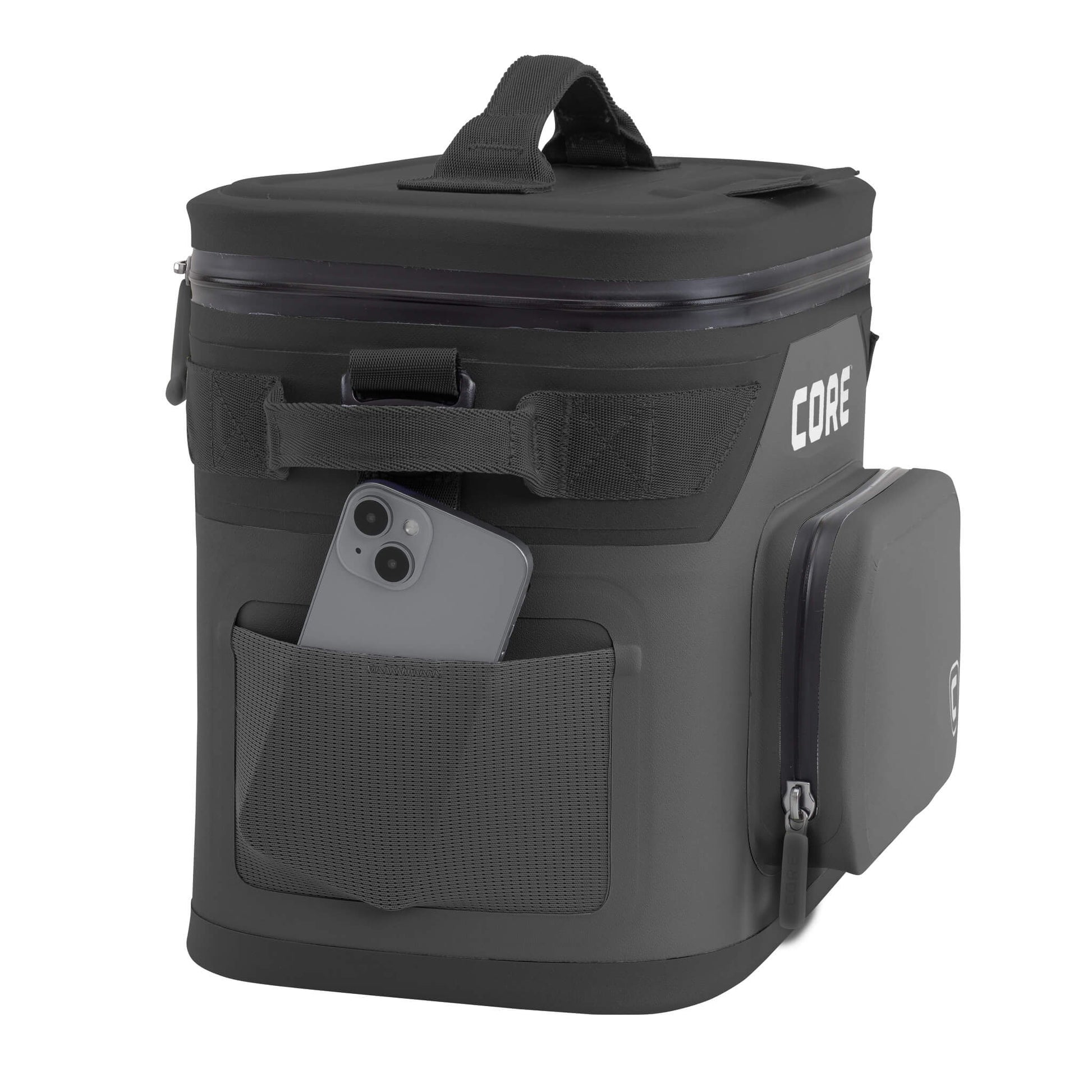 CORE Climakeep 12 can cooler in charcoal with a mesh side pocket holding a phone and a waterproof build.