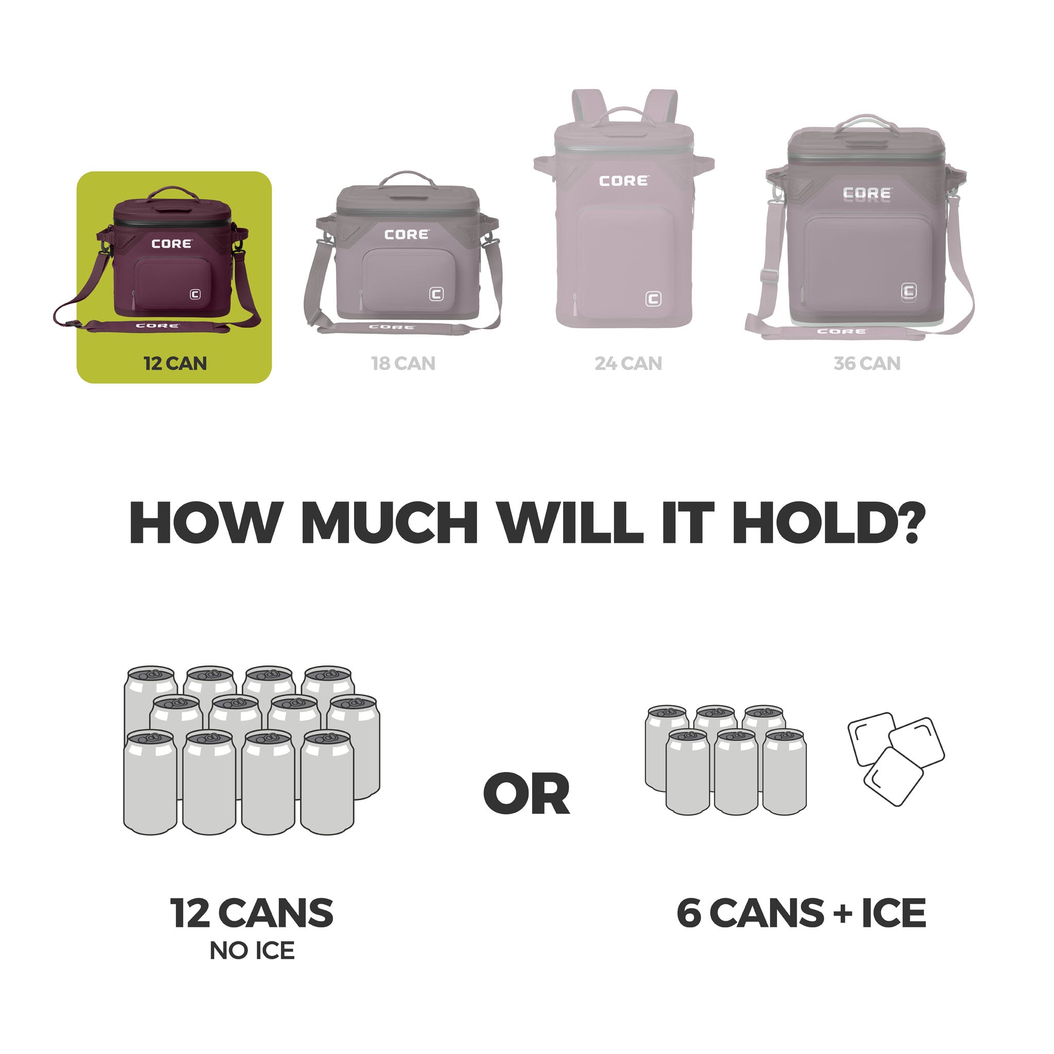 Graphic of CORE 12 can Climakeep mulberry cooler showing capacity: 12 cans, 6 with ice, plus size comparison.