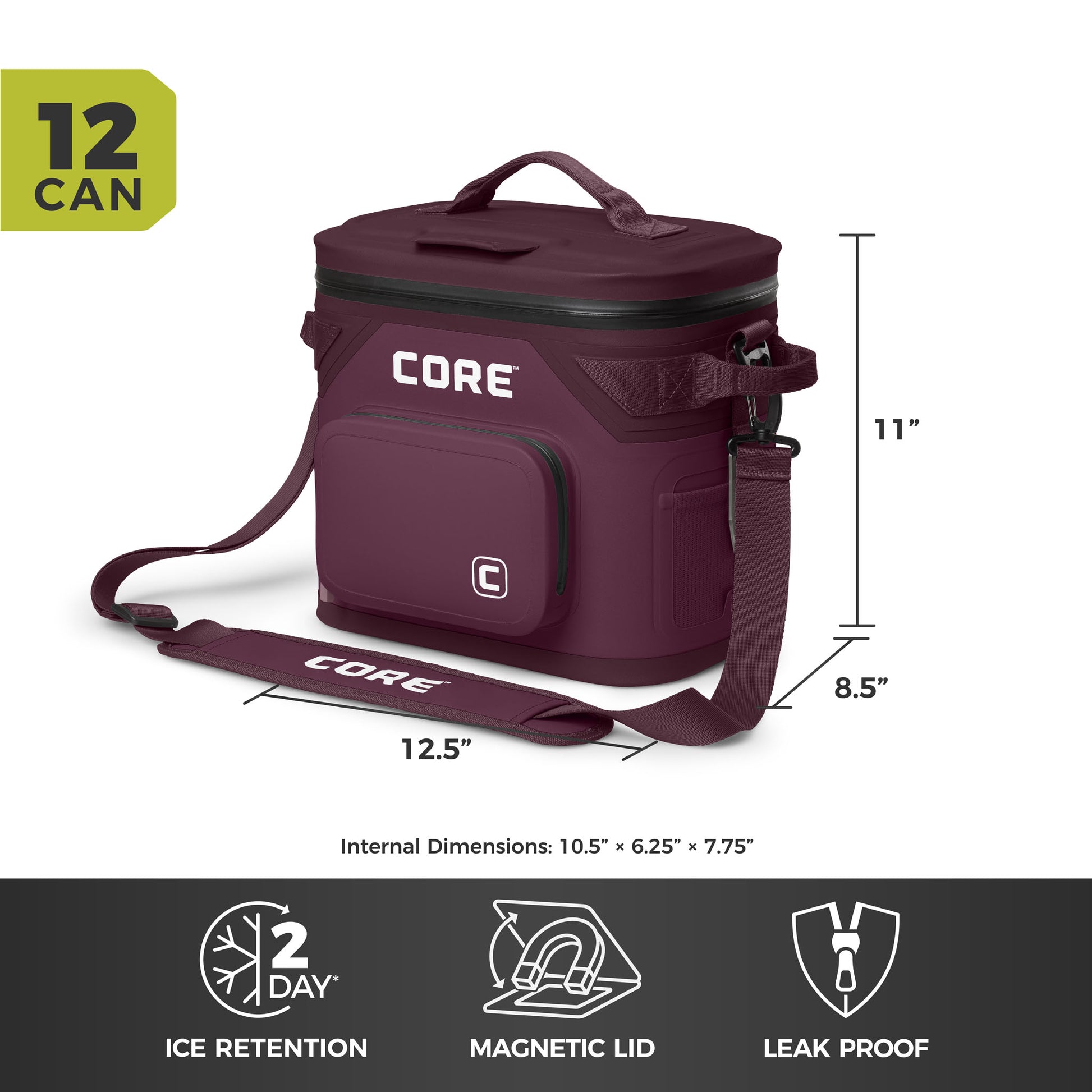 CORE Climakeep 12 can mulberry cooler, 11 x 12.5 x 8.5 in, with 2-day ice retention, magnetic lid, and leakproof design.