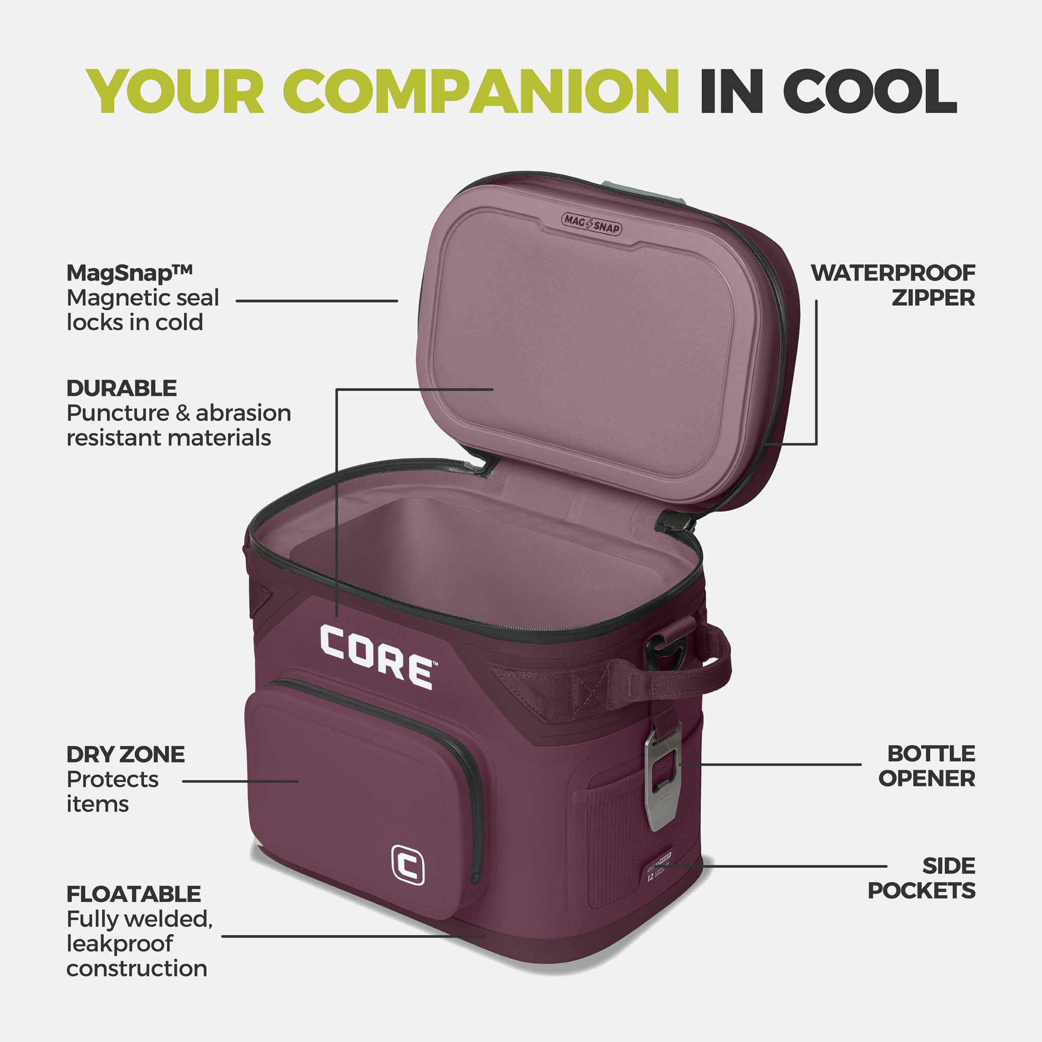CORE 12 can Climakeep mulberry cooler with waterproof zipper, magnetic seal, dry zone, bottle opener, side pockets, and durable build.