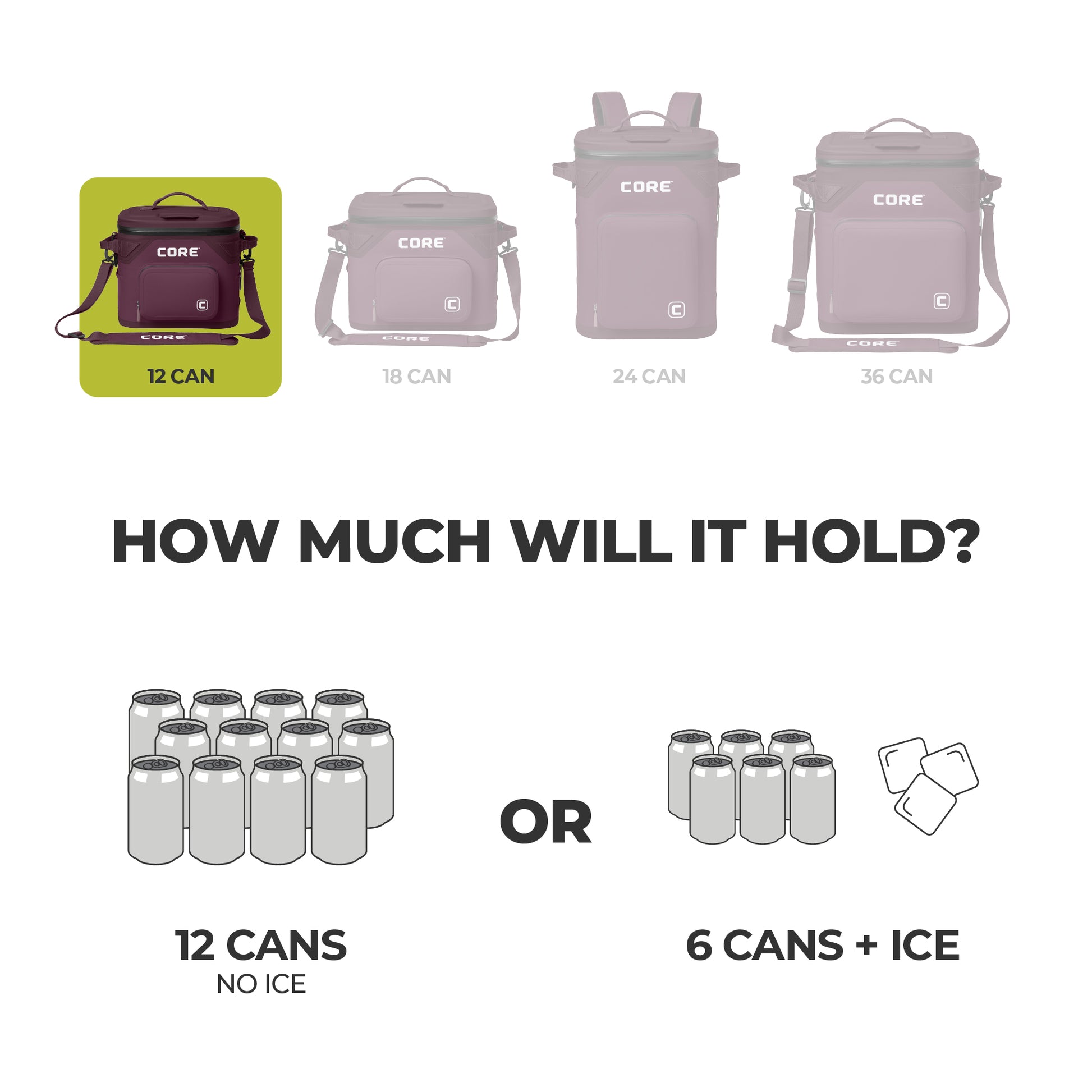 Graphic of CORE 12 can Climakeep mulberry cooler showing capacity: 12 cans, 6 with ice, plus size comparison.