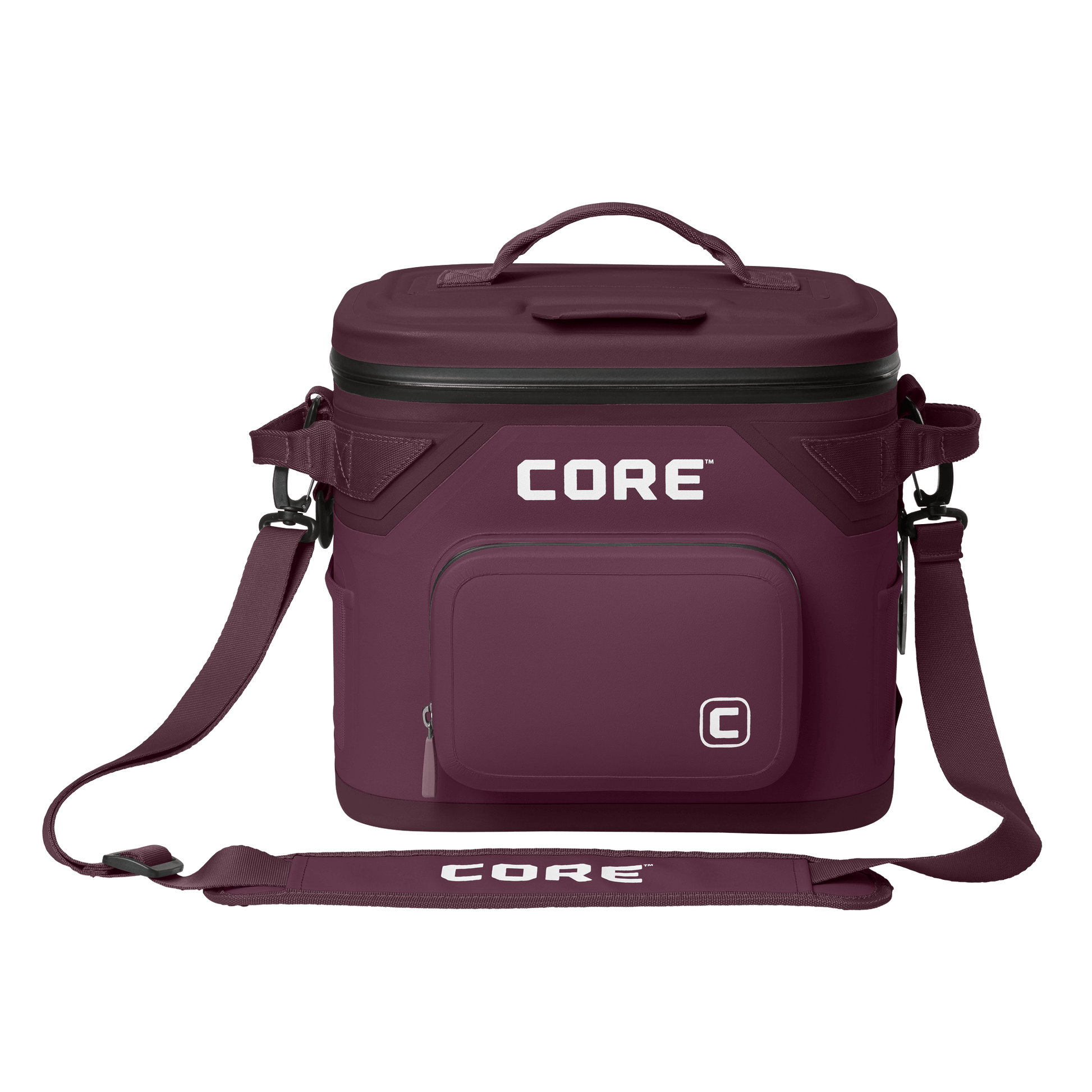CORE Climakeep 12 can cooler front view in mulberry with a waterproof design and a shoulder strap.