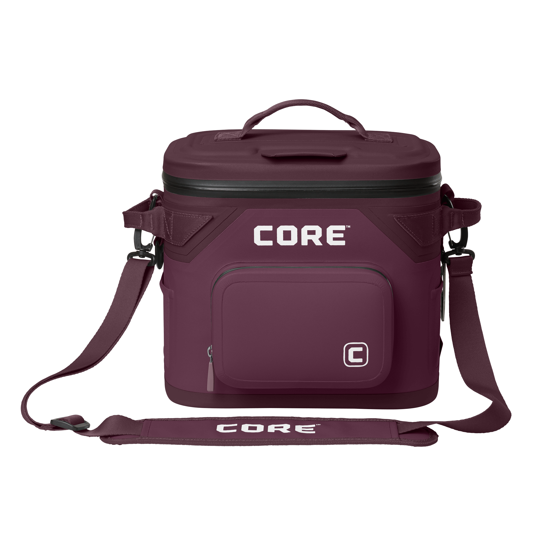 CORE Climakeep 12 can cooler front view in mulberry with a waterproof design and a shoulder strap.