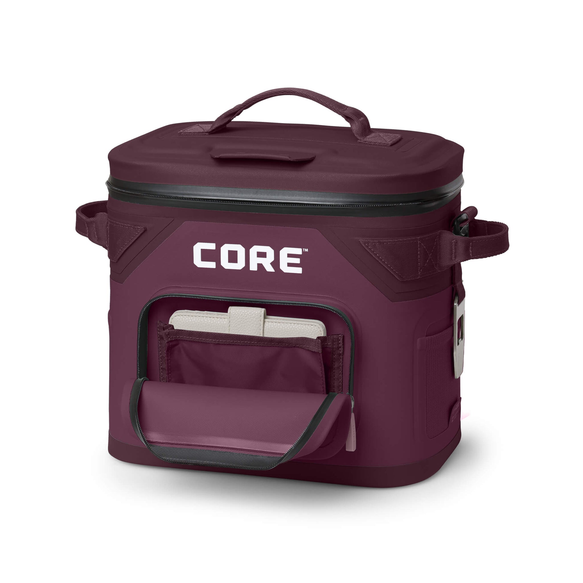 CORE Climakeep 12 can cooler in mulberry with front pocket open, side bottle opener, and waterproof design.