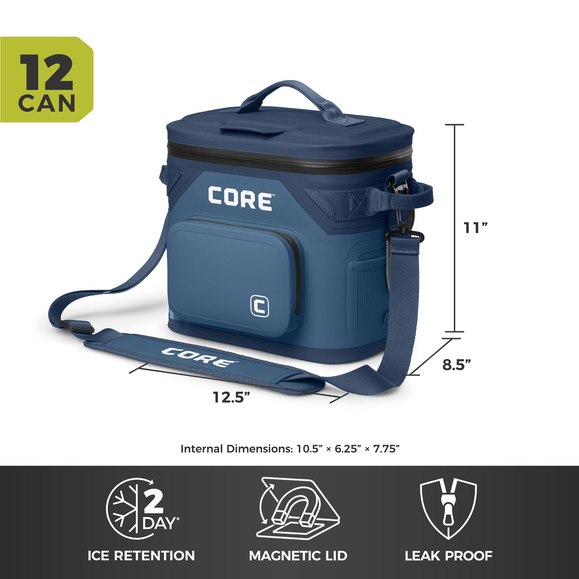 CORE Climakeep 12 can navy cooler, 11 x 12.5 x 8.5 in, with 2-day ice retention, magnetic lid, and leakproof design.