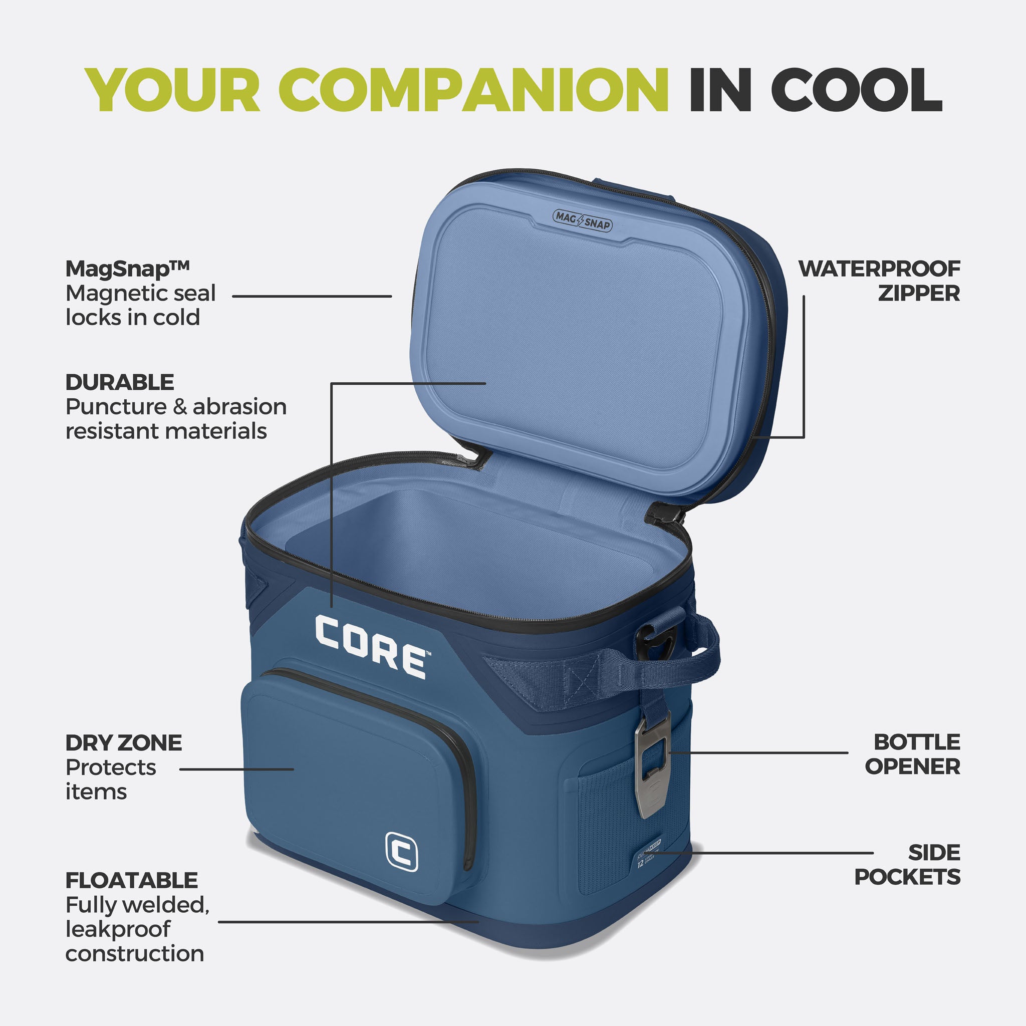 CORE 12 can Climakeep navy cooler with waterproof zipper, magnetic seal, dry zone, bottle opener, side pockets, and durable build.