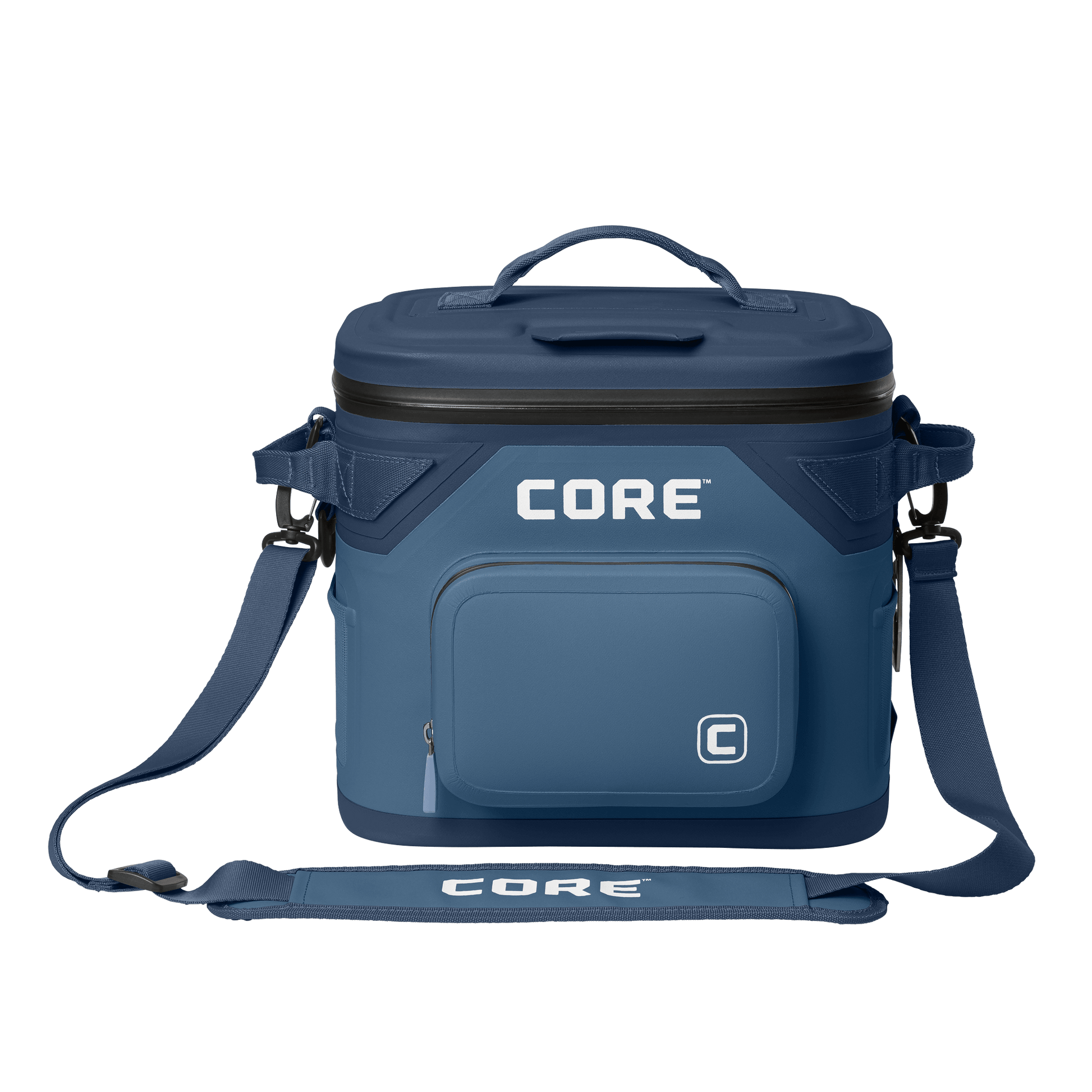CORE Climakeep 12 can cooler front view in navy with a waterproof design and a shoulder strap.