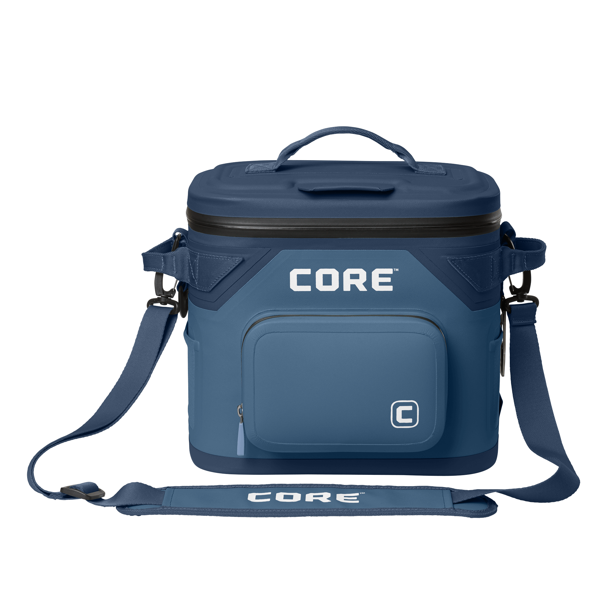 CORE Climakeep 12 can cooler front view in navy with a waterproof design and a shoulder strap.