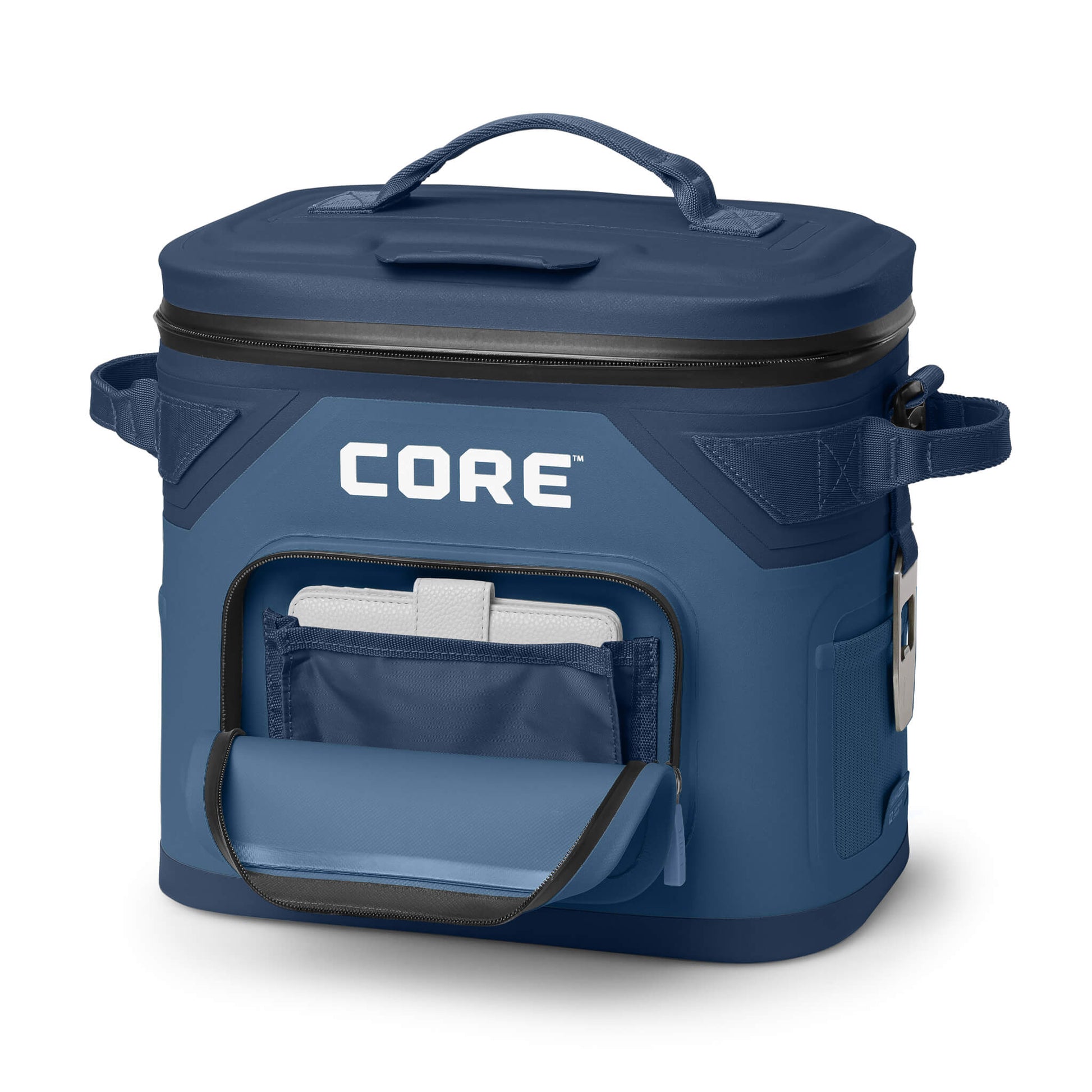 CORE Climakeep 12 can cooler in navy with front pocket open, side bottle opener, and waterproof design.