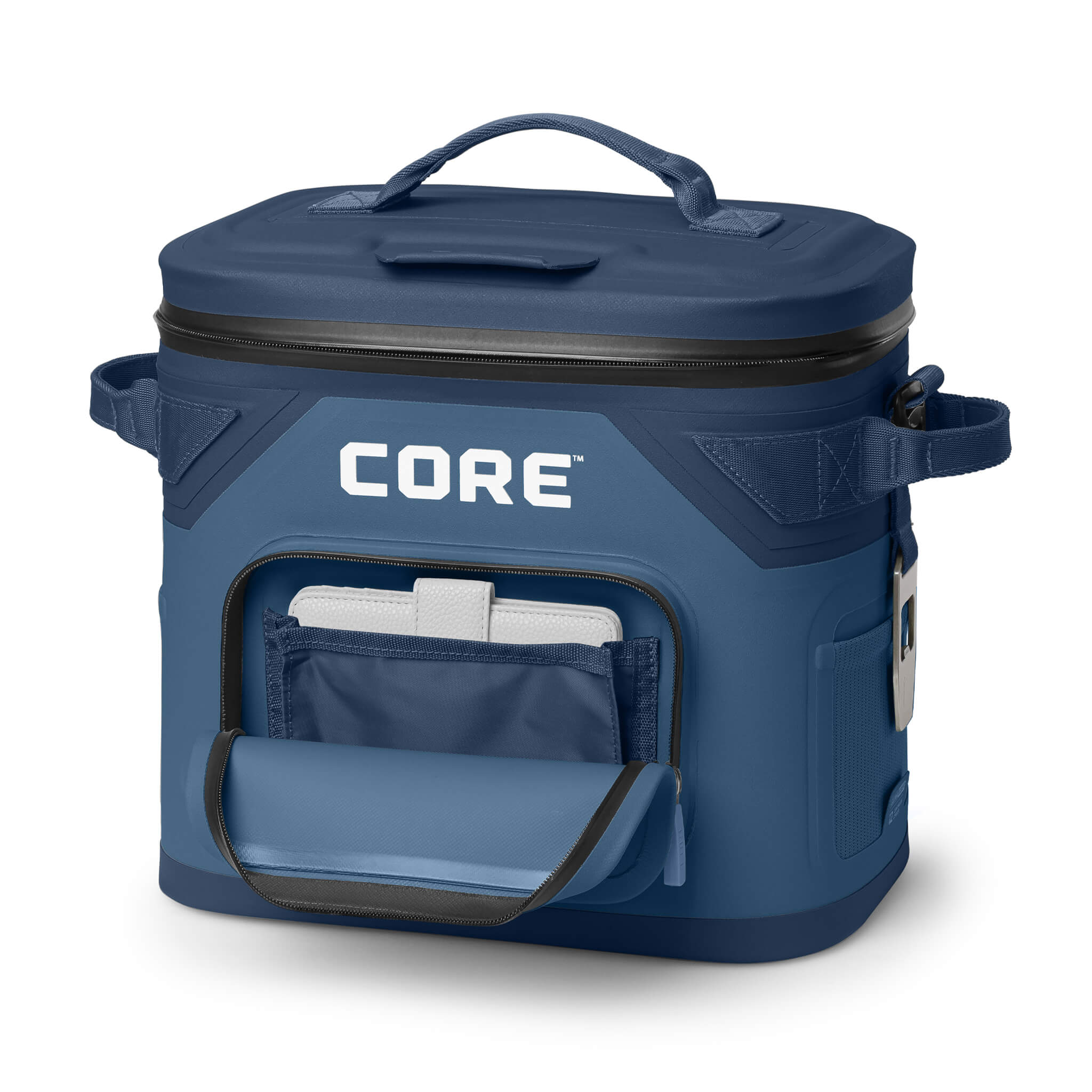 CORE Climakeep 12 can cooler in navy with front pocket open, side bottle opener, and waterproof design.