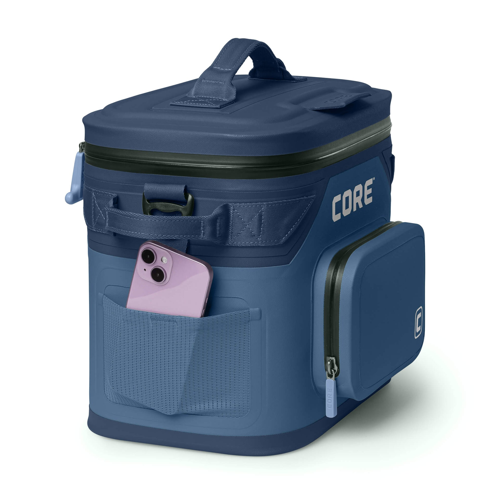 CORE Climakeep 12 can cooler in navy with a mesh side pocket holding a phone and a waterproof build.
