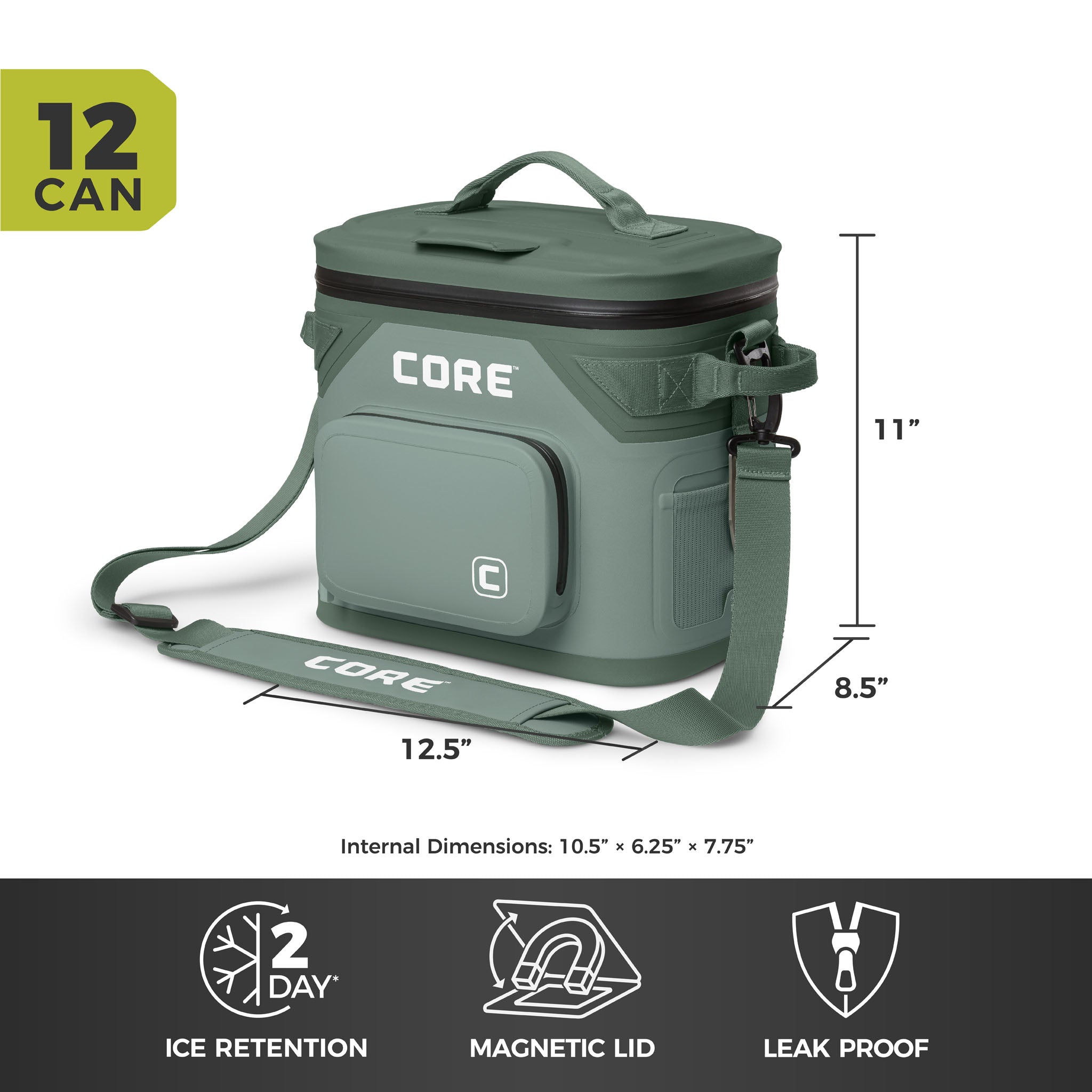CORE Climakeep 12 can sage cooler, 11 x 12.5 x 8.5 in, with 2-day ice retention, magnetic lid, and leakproof design.