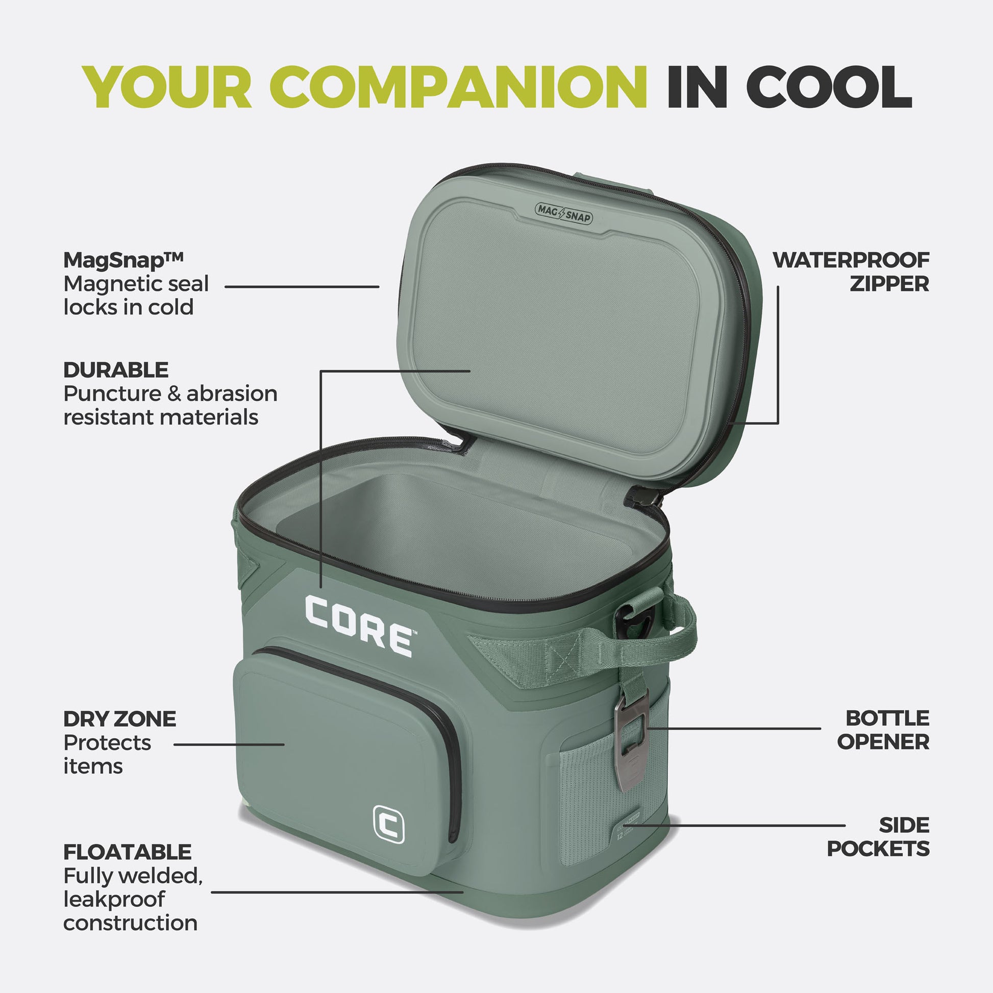 CORE 12 can Climakeep sage cooler with waterproof zipper, magnetic seal, dry zone, bottle opener, side pockets, and durable build.
