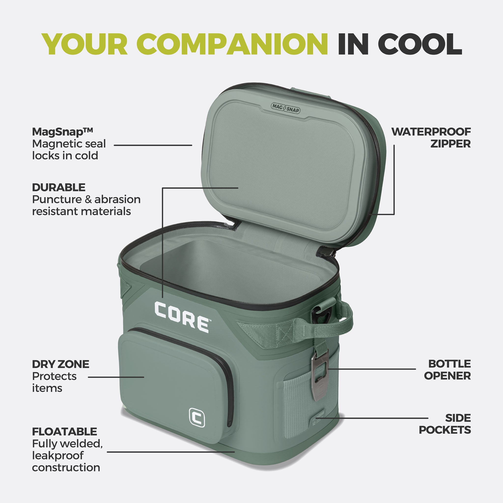 CORE 12 can Climakeep sage cooler with waterproof zipper, magnetic seal, dry zone, bottle opener, side pockets, and durable build.